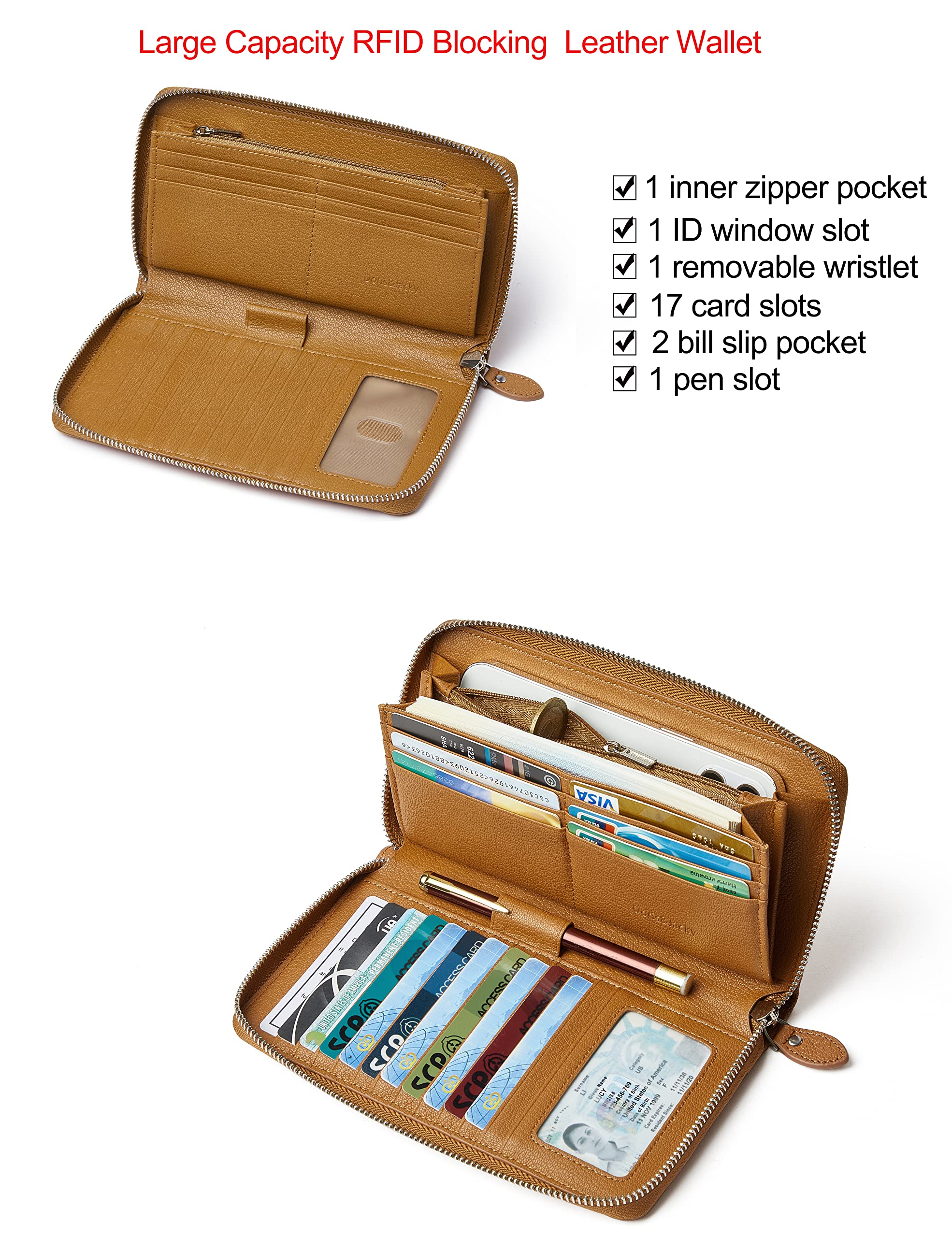 DORIS&JACKY RFID Leather Wallet - Large Capacity Travel Wristlet Bag for Women