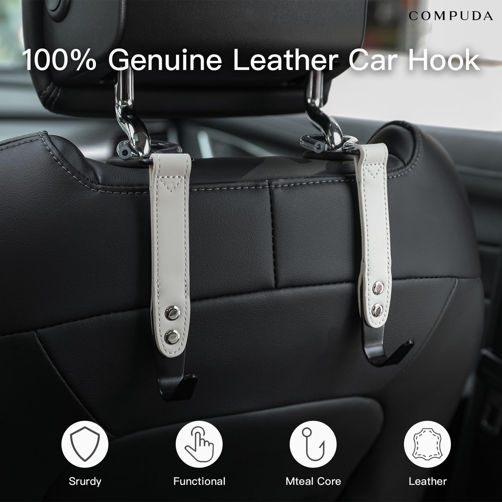 2 Pack Car Headrest Hooks - Premium Leather & SUS304 Steel Hangers for Purses, Bags, Groceries - Perfect for Road Trips, Shopping & Daily Commute (Grey)