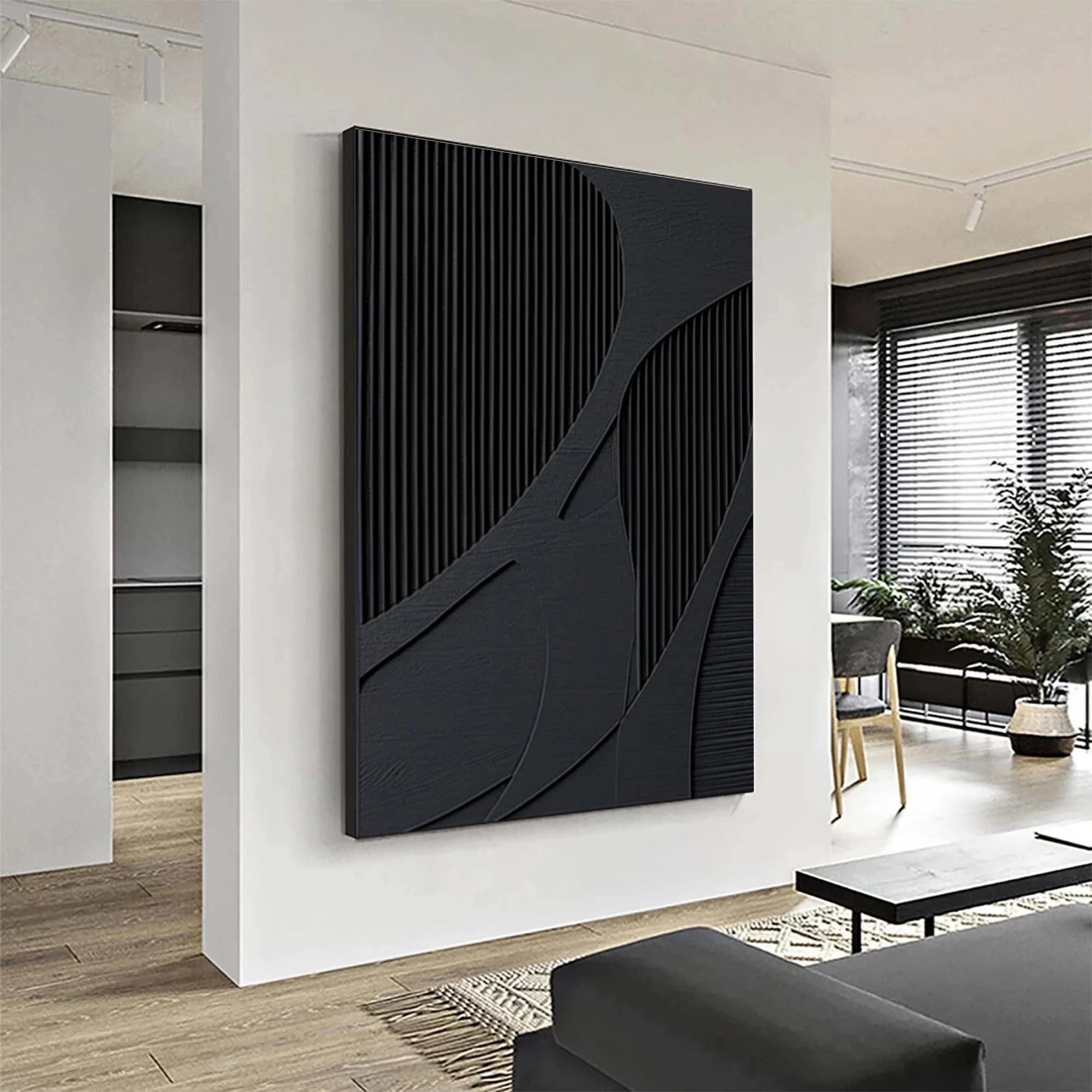 Black Plaster Art Minimalist Textured Painting - Modern Abstract Wall Decor for Living Room, Bedroom & Office | #MZ034