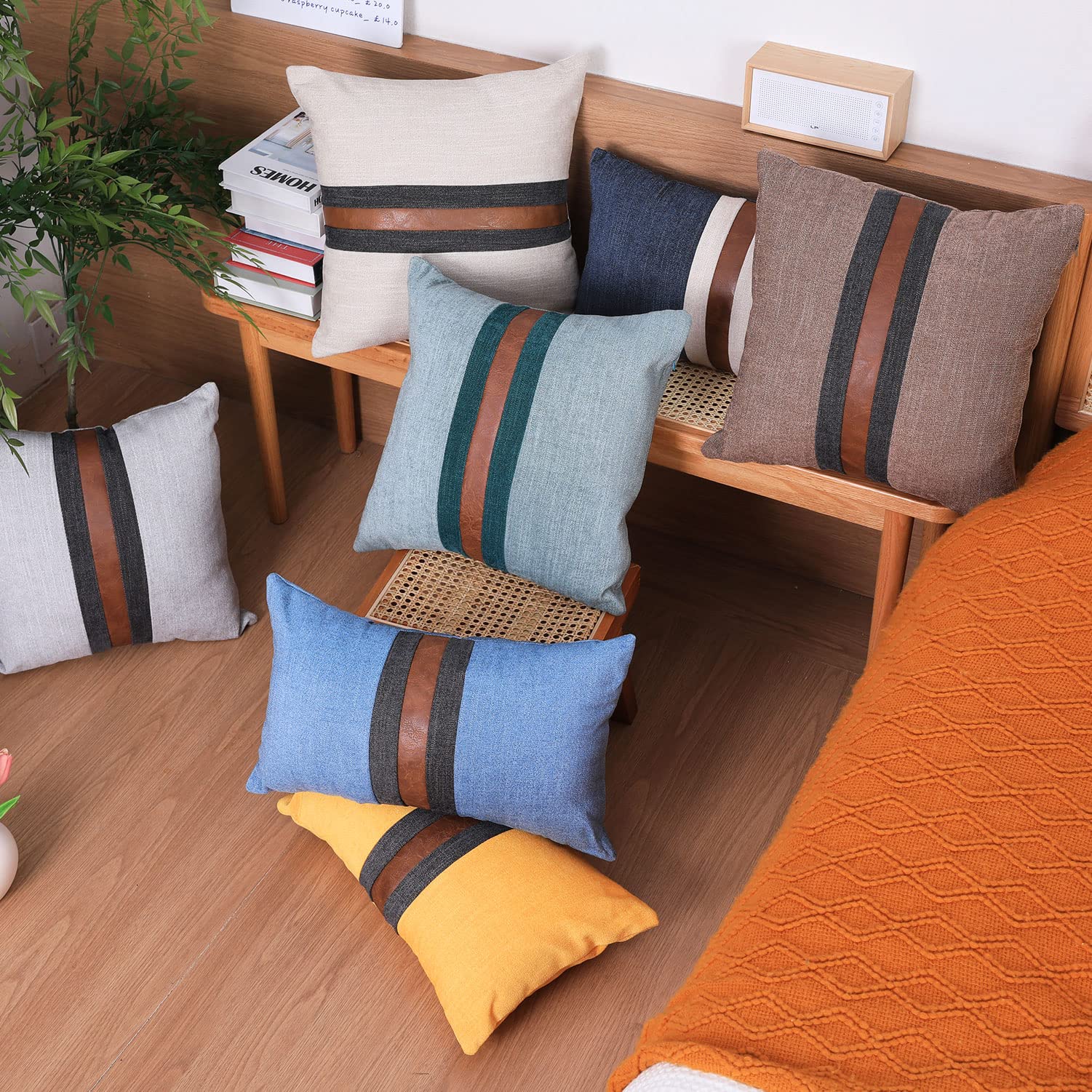 BOYSUM 18x18 Inch Faux Leather Farmhouse Decorative Throw Pillow Covers - Brown & Grey Modern Accent Pillows for Outdoor, Couch, Sofa & Bed - Perfect for Living Room, Patio & Farmhouse Decor