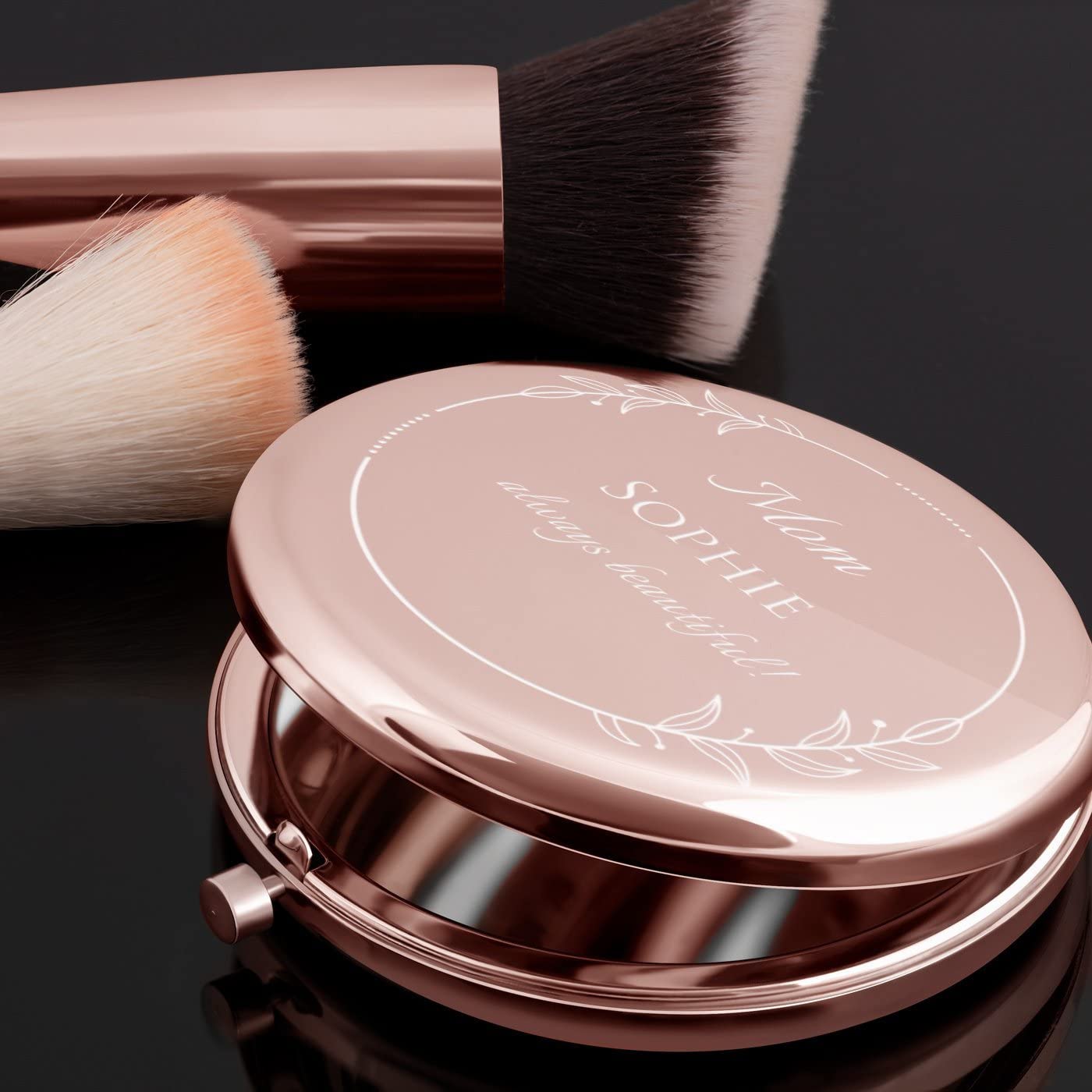 Personalized Rose Gold Compact Mirror for Women - Custom Engraved Cosmetic Mirror with Leaves Design - Perfect Gift for Birthday, Anniversary & Special Occasions - Elegant Makeup Accessory for Travel & Handbag