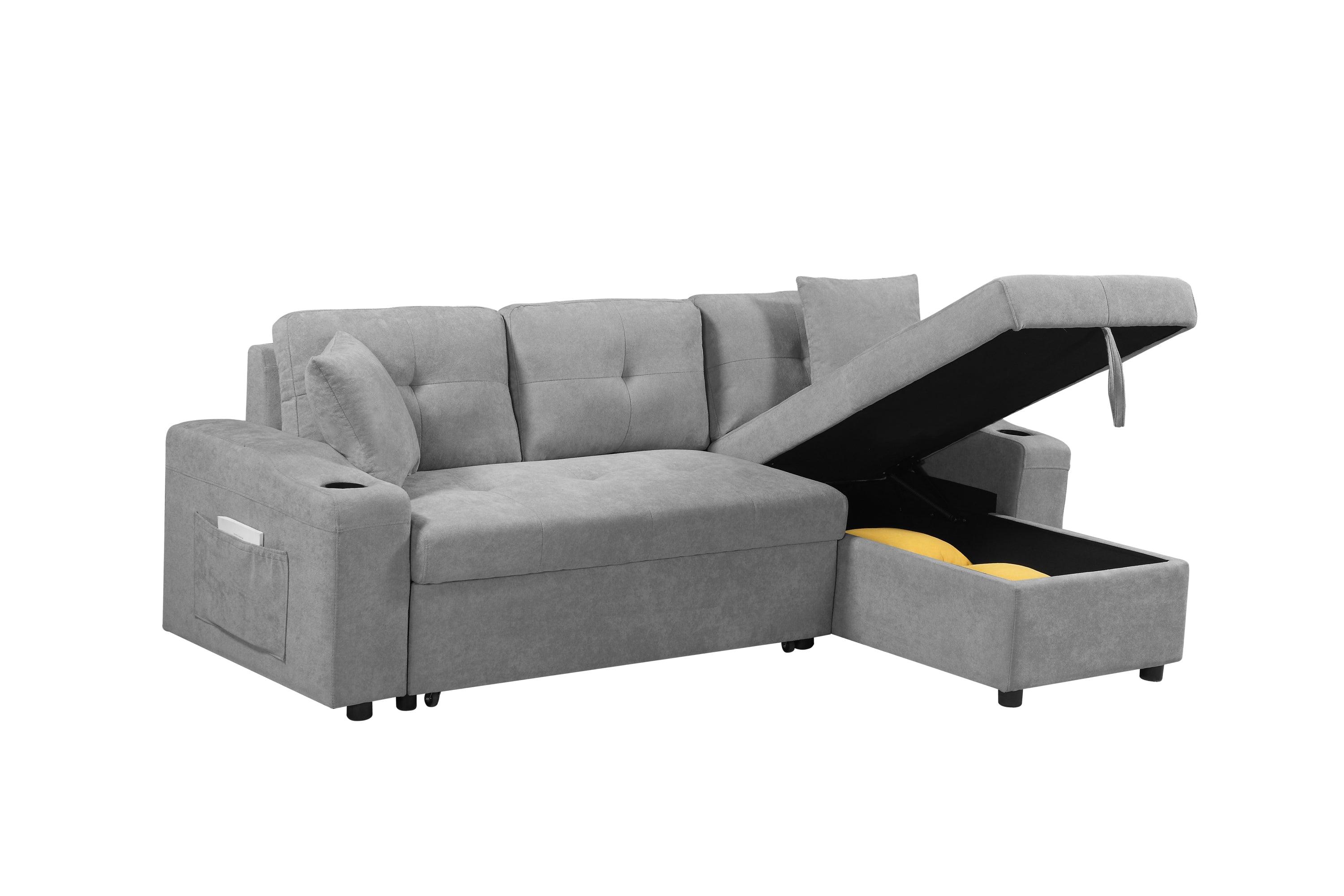 Convertible Corner Sofa with Armrest Storage - Modern Sectional Sofa for Living Room & Apartment, Right Chaise Longue in Grey - Perfect for Small Spaces, Movie Nights & Family Gatherings