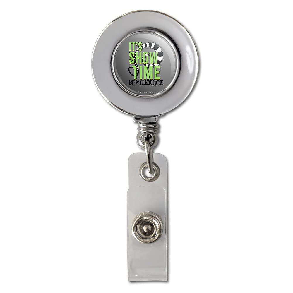 Beetlejuice 'It's Showtime' Quote Retractable Badge Reel - Chrome ID Card Holder Clip for Work, Events & Cosplay | Official Licensed Merchandise
