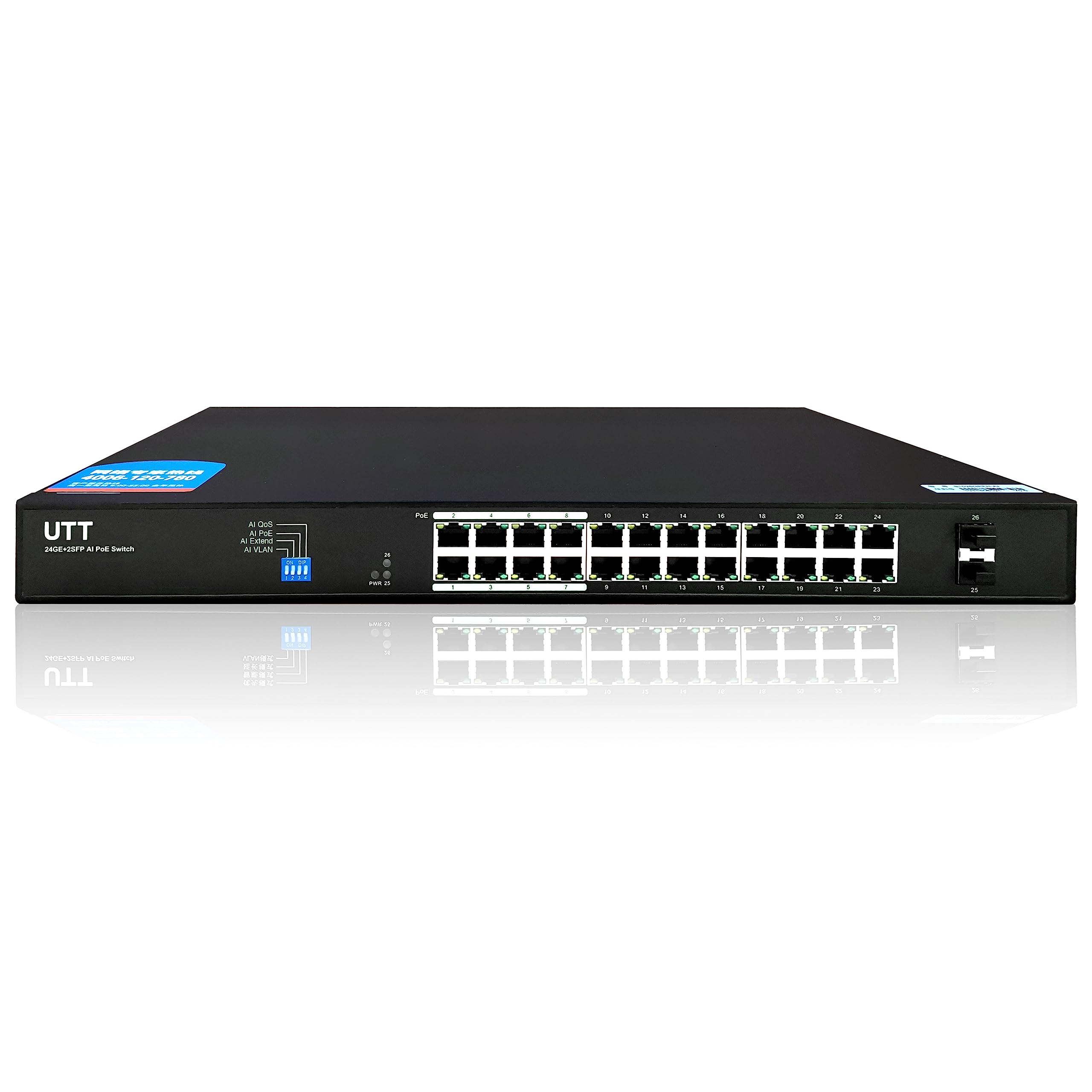 UTT S1242GP 24-Port Gigabit PoE Switch with 24 PoE+ Ports & 2 SFP Uplinks | 250W 802.3af/at Compliant | Ideal for IP Cameras, Wireless Access Points & VoIP Phones | Perfect for Office Networks & Smart Home Security Systems