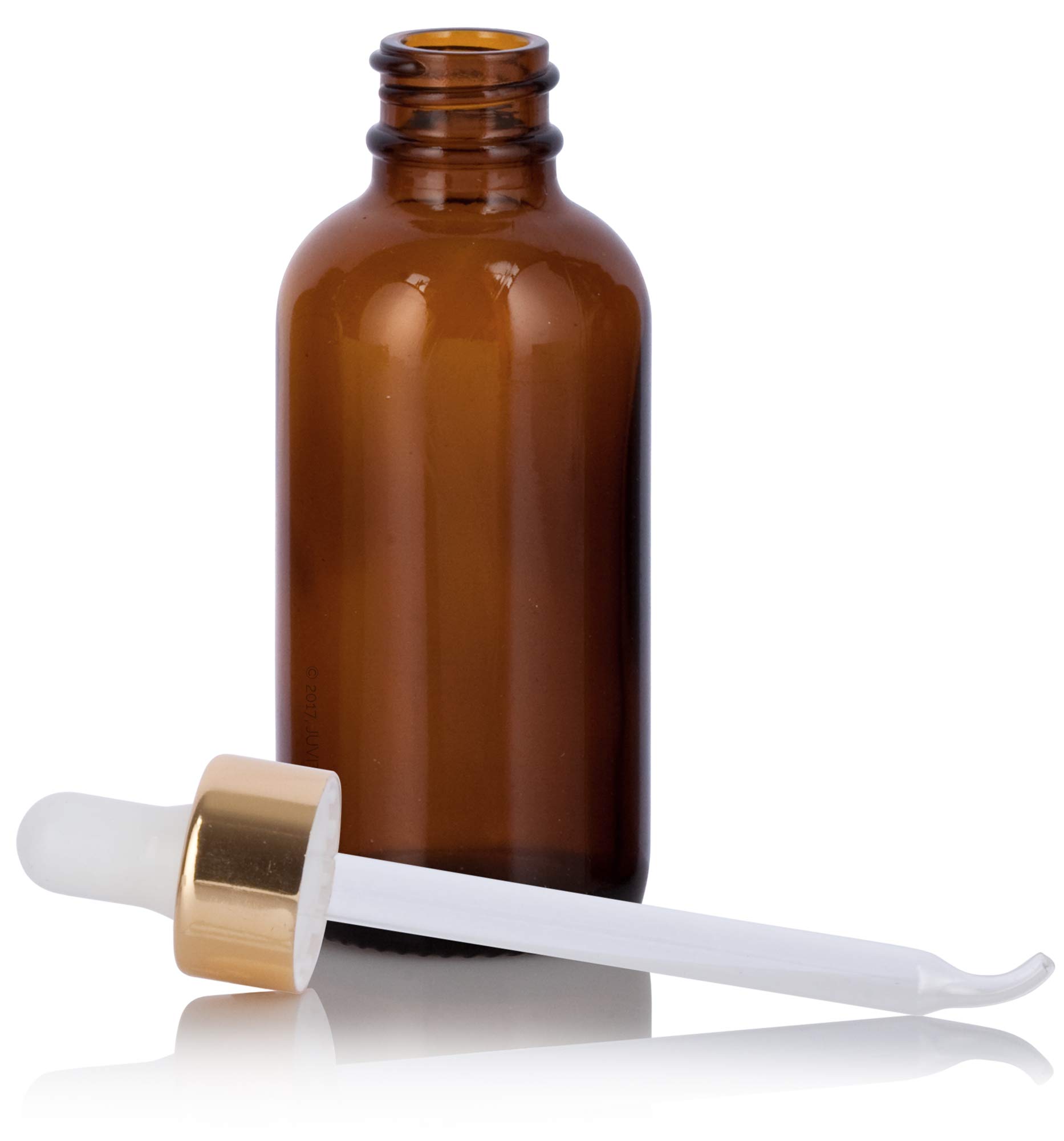 JUVITUS 2 oz Amber Glass Boston Round Bottle with Gold Metal and Glass Dropper - 12 Pack with Free Funnel - Essential Oil Bottles, DIY Skincare Containers, Travel-Sized Liquid Storage for Home & Beauty Use