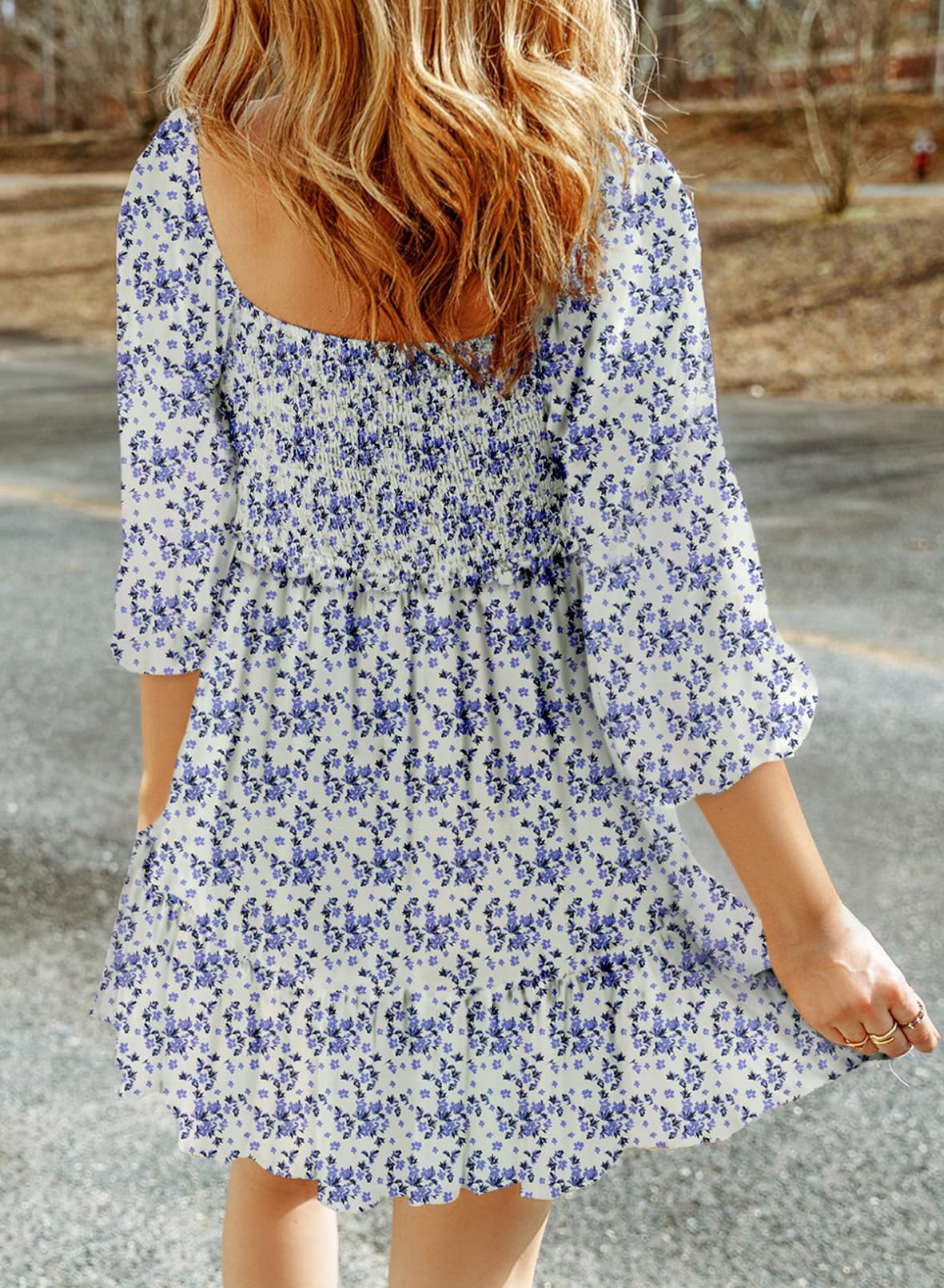 Dokotoo Women's 2025 Spring Floral Boho Dress - Square Neck, Smocked Waist, 3/4 Sleeve A-Line Mini Sundress for Casual Wear, Beach Vacation & Summer Outings