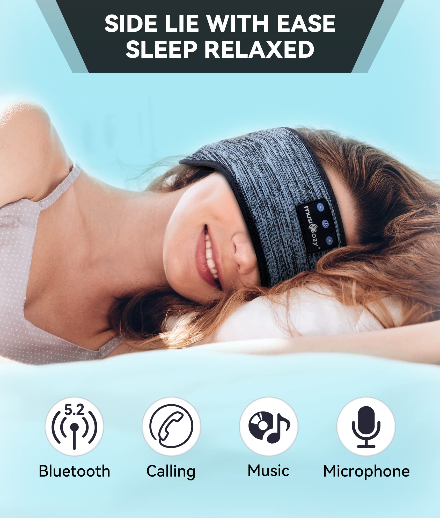 Musicozy Wireless Bluetooth Sleep Headband with Built-in Headphones - Comfortable Sports Headband for Running, Yoga, Workout & Travel - Soft Eye Mask & Wireless Earbuds for Women, Moms - Perfect Unique Gift Idea for Music Lovers (Use for Relaxation, Meditation, Sleeping & Fitness Activities)