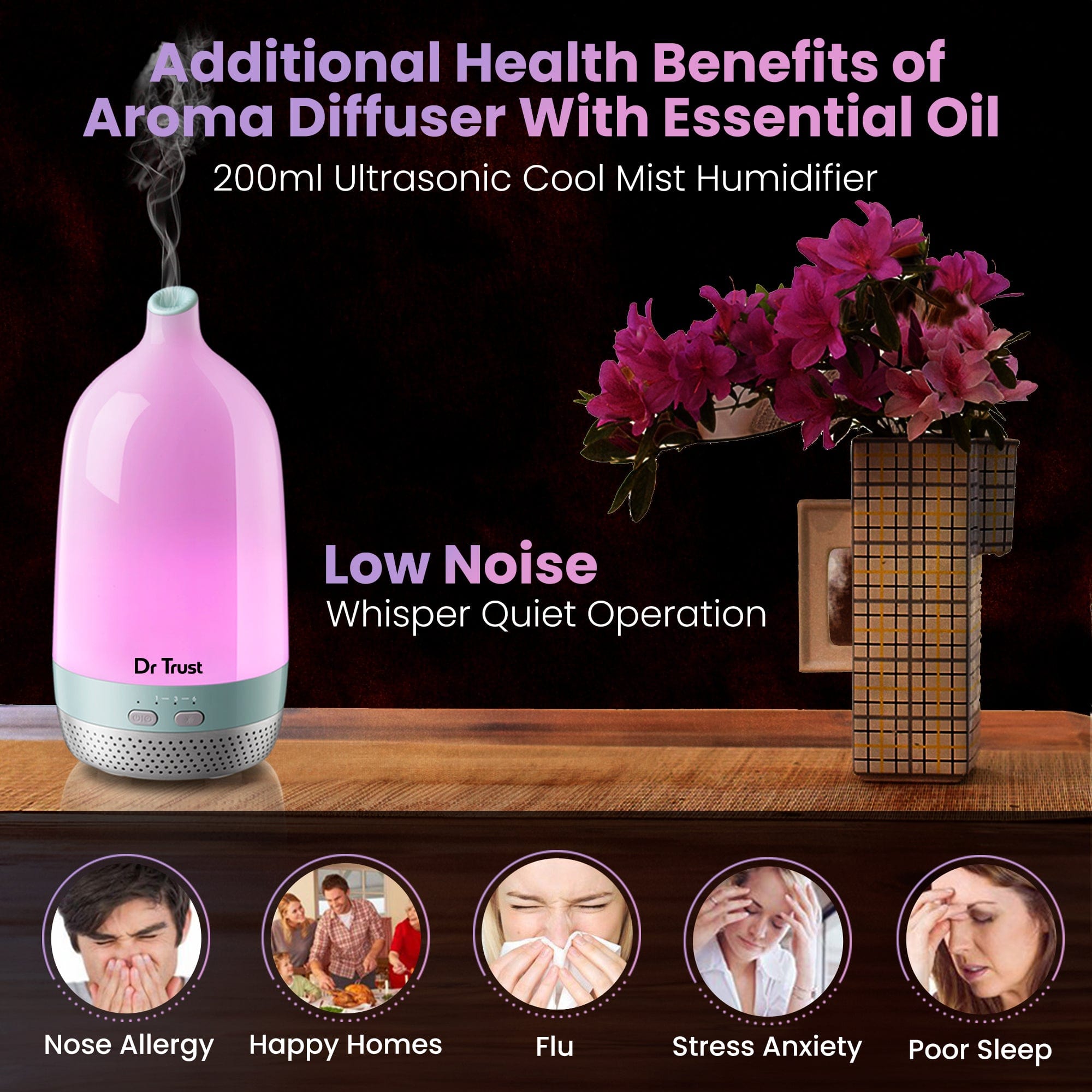 Dr Trust USA Luxury Cool Mist Humidifier & Essential Oil Diffuser - 903 Model for Aromatherapy, Home & Office Use | Color Changing LED | Auto Shut-Off | Perfect for Dry Air Relief, Baby Nursery & Yoga Room