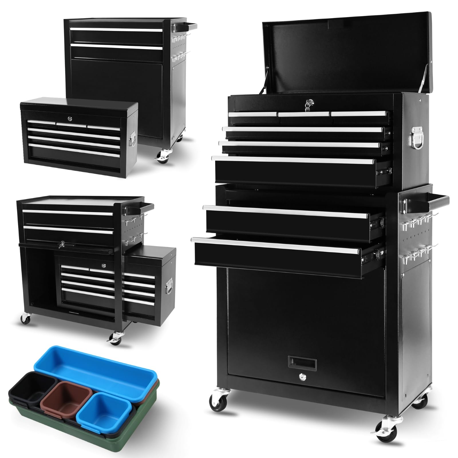 HMFULE 8-Drawer Rolling Tool Chest with Locking System & Detachable Top - Heavy Duty Steel Tool Cart Organizer with Wheels & Drawer Liners for Garage, Workshop, Warehouse, Auto Repair (Black) - Perfect for Mechanics, DIY Enthusiasts & Professional Technicians