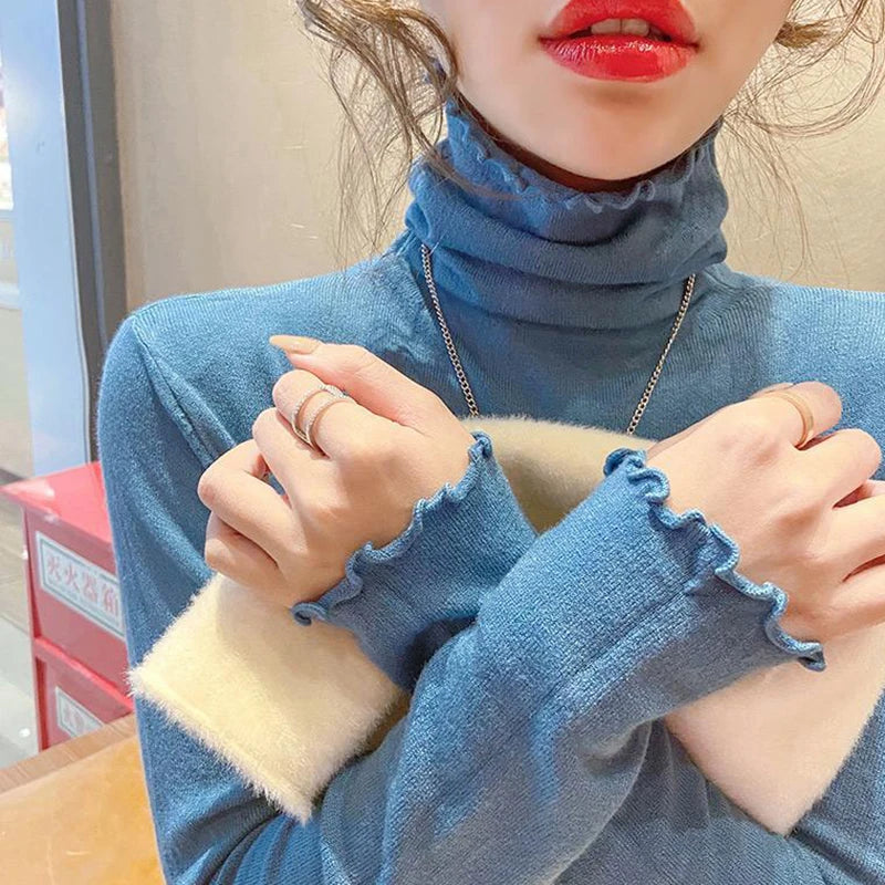 Foldable Turtleneck Sweater - High Elasticity, Solid Color Women's Pullover for Casual Wear & Office Outfits