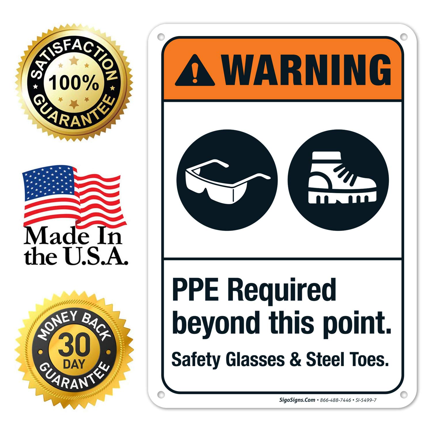 ANSI Warning Sign - PPE Required Beyond This Point Safety Glasses & Steel Toes Sign | 10x7 Inches Rust-Free .040 Aluminum | Fade-Resistant for Indoor/Outdoor Use | Made in USA | Workplace Safety & Construction Site Signage