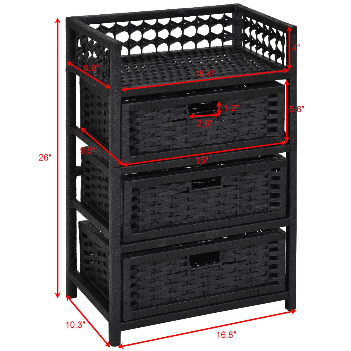 Black 3-Drawer Wicker Storage Tower Shelf with Baskets - Organizer for Bedroom, Bathroom, or Closet - Space-Saving Storage Solution for Home & Office
