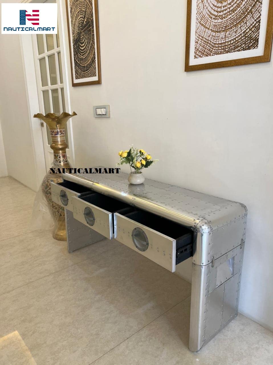 Nautical-Mart Aviator Console Table with 3 Drawers - Modern Bedside Storage Nightstand for Bedroom, Living Room & Office