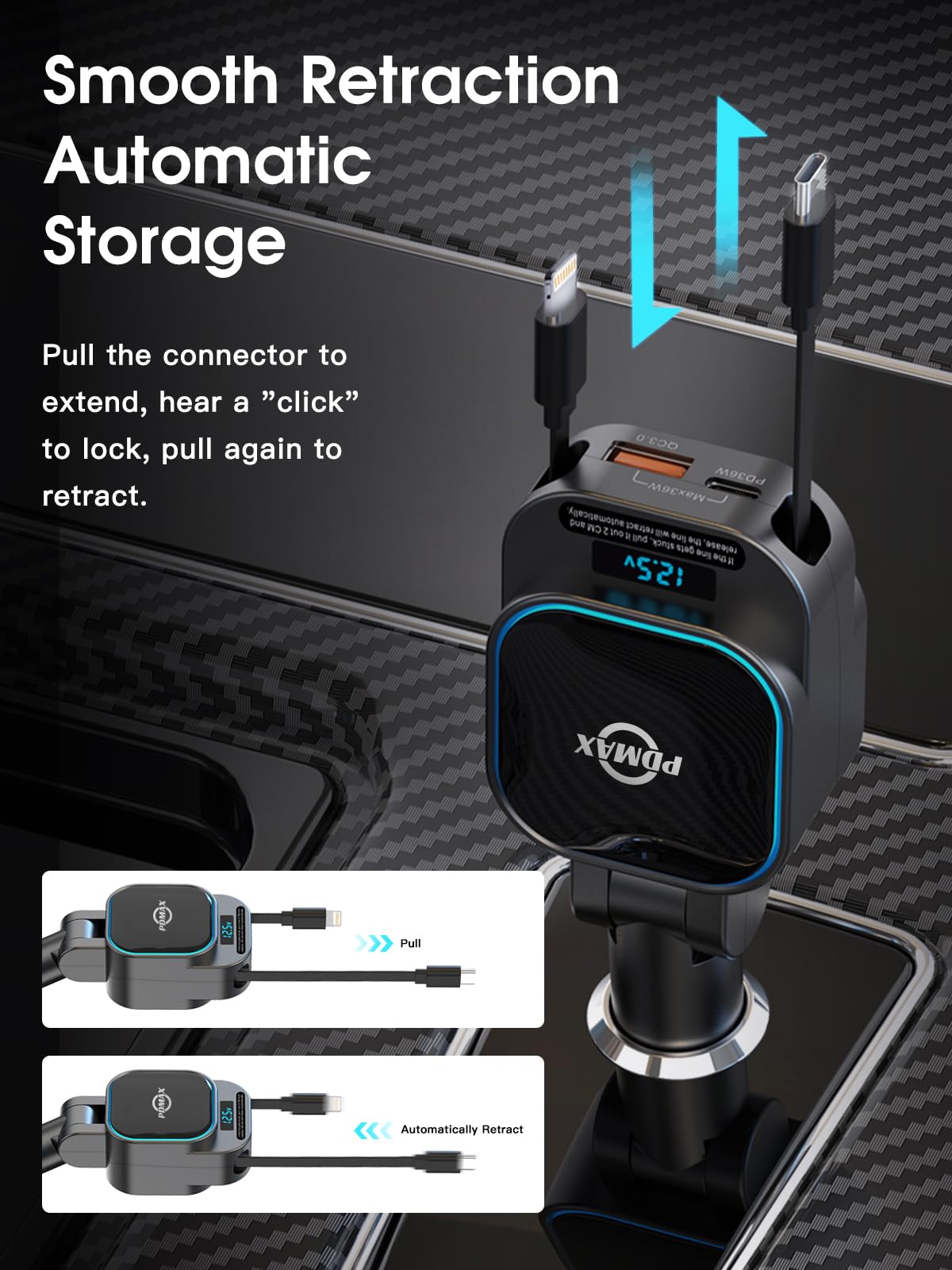 PDMAX 96W 4-in-1 Retractable Car Charger with Fast Charging - Dual USB-C & Lightning Cables + 2 USB Ports | Compatible with iPhone 16/15/14, Samsung Galaxy S24/S23/S22, Google Pixel | Perfect for Road Trips, Commuting & Multi-Device Charging