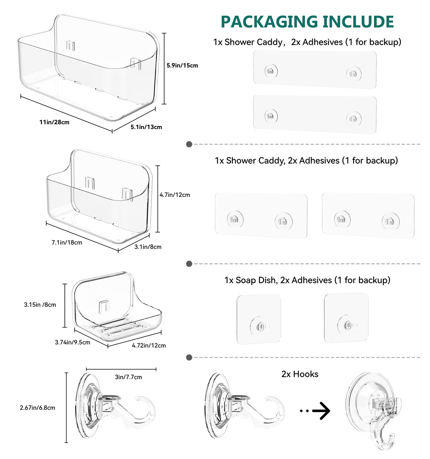 5-Pack Clear Acrylic Shower Shelves - No Drill Adhesive Bathroom Organizer with Soap Holder & Hooks | Wall Mount Storage for Shampoo, Razor & Bath Essentials | Perfect for Small Bathrooms & Apartment Showers
