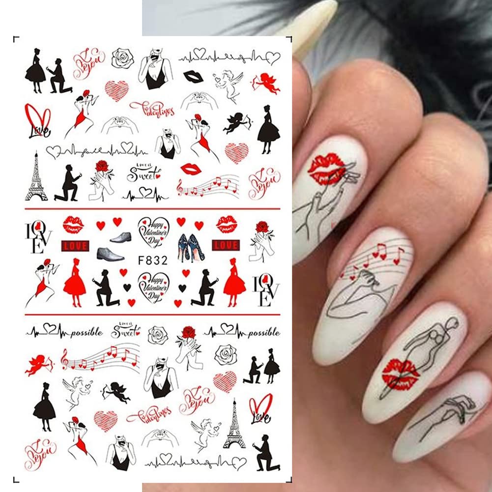 3D Heart Nail Art Stickers - Self-Adhesive Valentine's Nail Decals with Love Hearts, Lips, Roses & Letters (6 Sheets) | Perfect for Romantic Nail Designs, Valentine's Day Gifts & DIY Nail Art Decorations