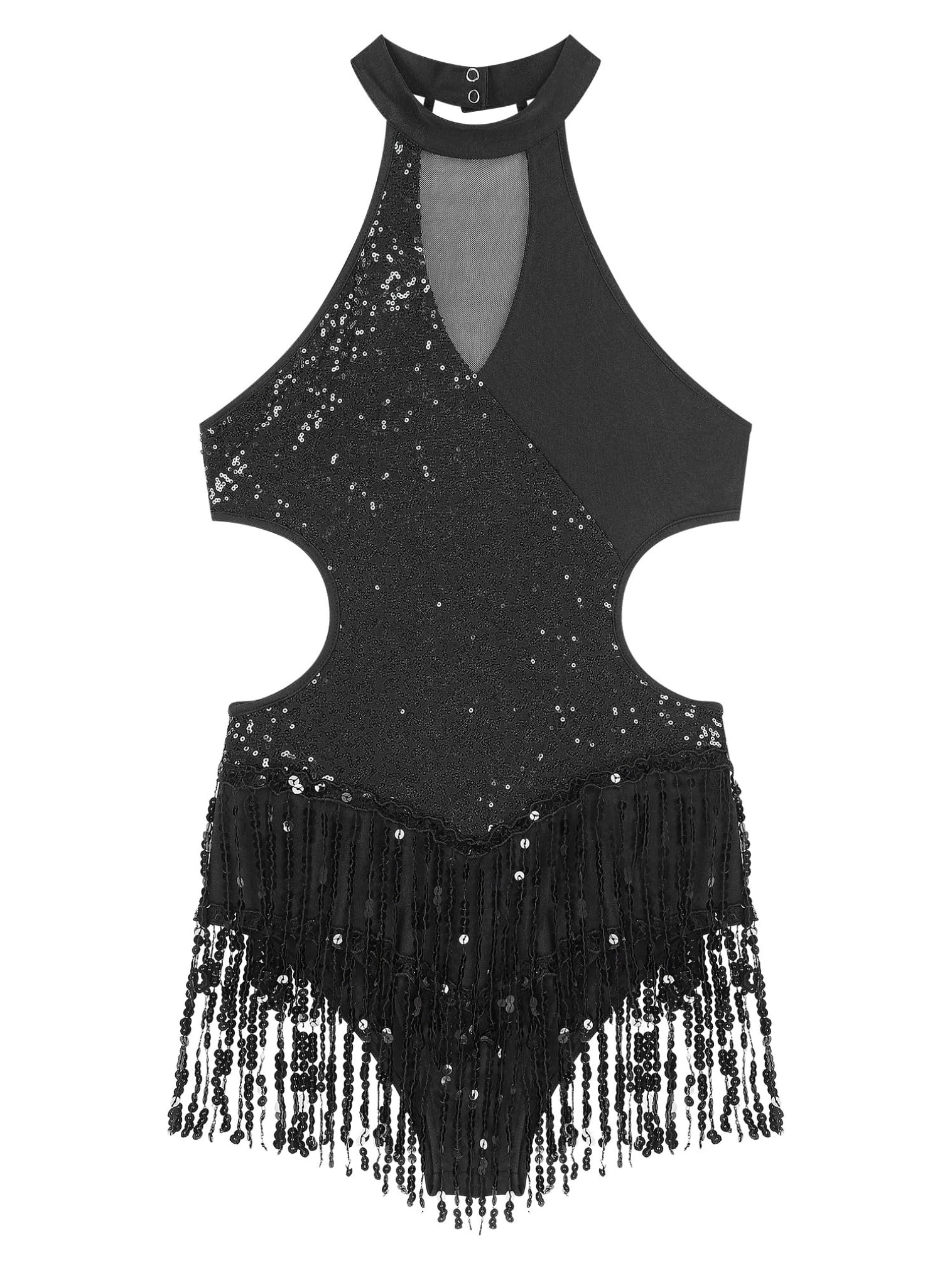FEESHOW Women's Shiny Sequin Fringe Leotard - Latin Dance Costume, Jazz Dance Top with Tassel Bodysuit for Performance & Stage Wear