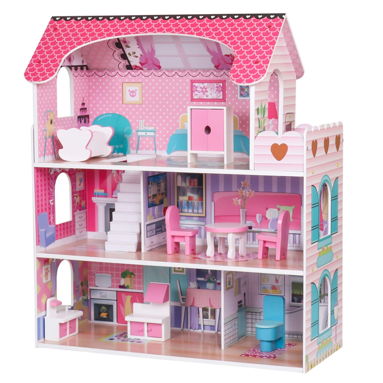 Large Pink Wooden Dollhouse with Furniture for Kids - Pretend Play, Role Play & Imaginative Play for Children Ages 3-8