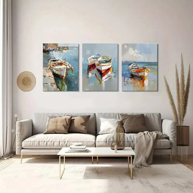 3-Piece Abstract Coastal Boat Metal Wall Art - Ready to Hang Ocean Themed Decor for Living Room, Bedroom & Office
