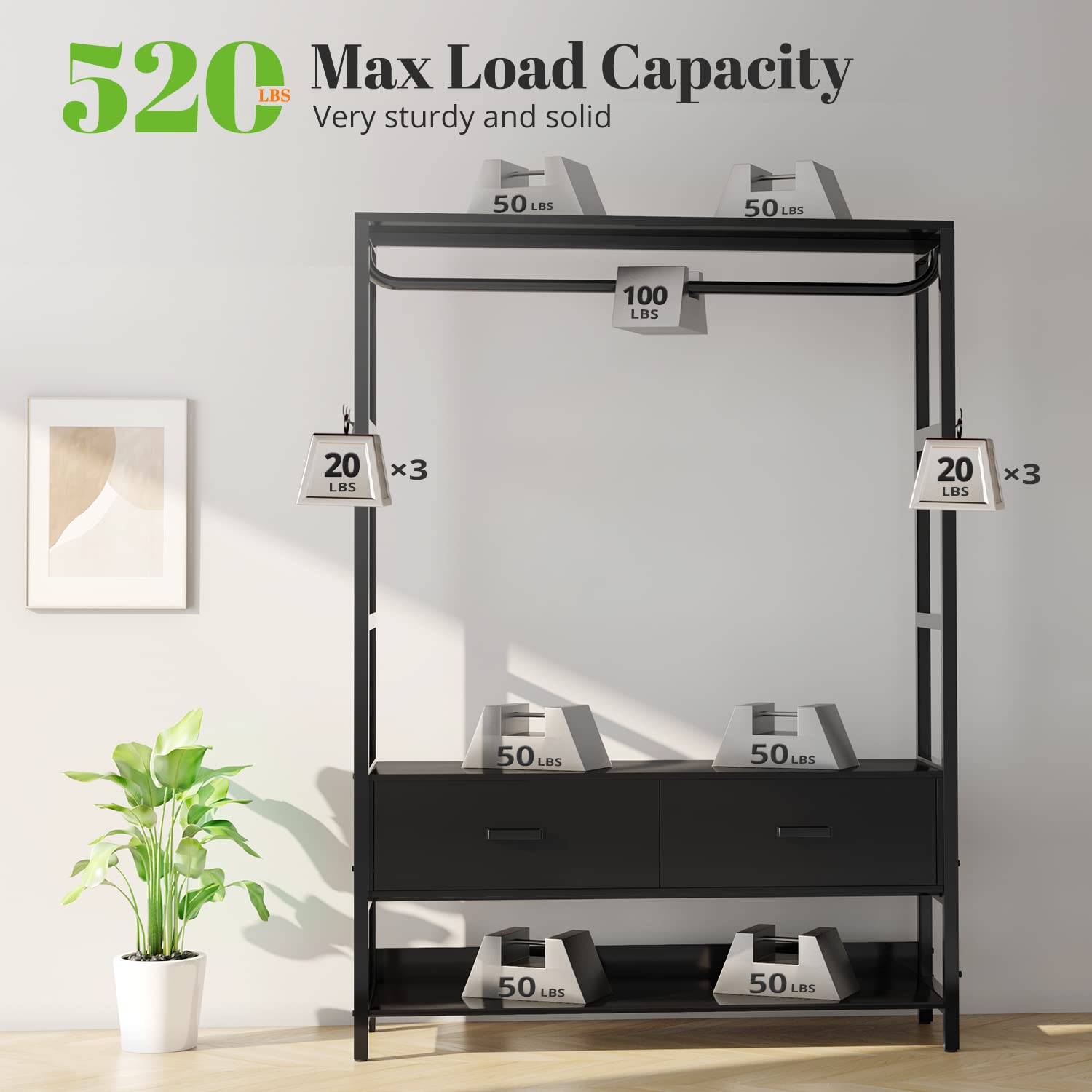 HOKEEPER Heavy Duty Free Standing Closet Organizer with 5 Drawers & Hooks - Sturdy Metal Garment Rack with Shelves for Bedroom, Closet Storage - Perfect for Hanging Clothes, Organizing Wardrobe & Maximizing Small Spaces (Black)