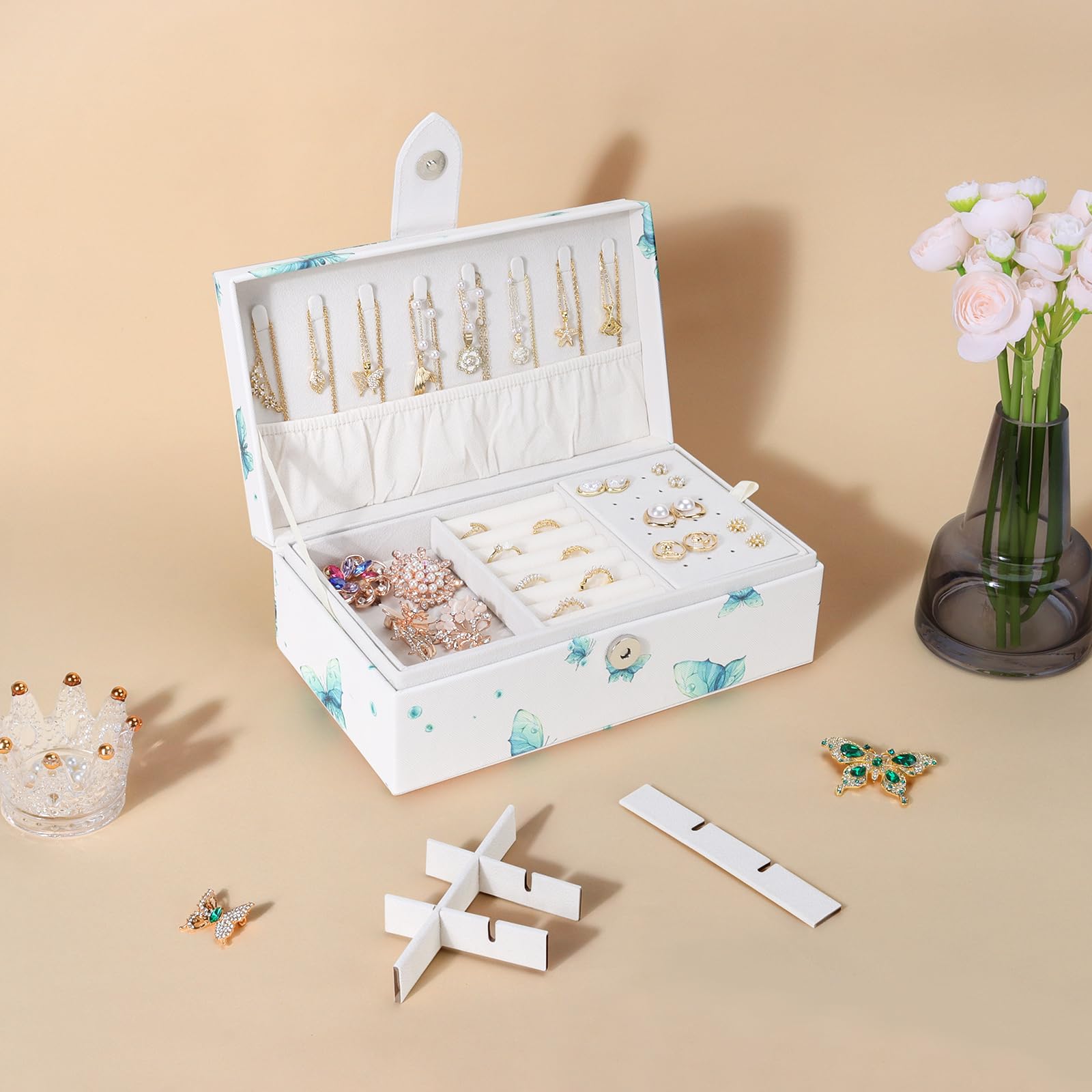DesignSter 2-Layer Large Jewelry Organizer Box - Premium Jewelry Storage for Necklaces, Earrings, Rings, Bracelets & Watches | Butterfly Design | Perfect for Bedroom Vanity, Travel & Gift Giving