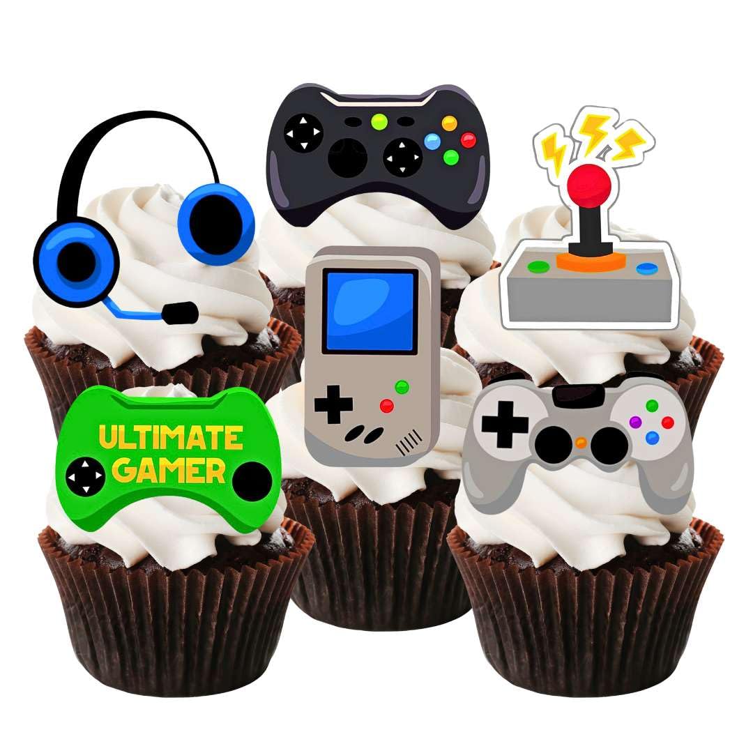 PRECUT Gaming Cupcake Toppers - 2 Inch Edible Wafer Cake Decorations for Gamer Theme Parties | Video Game Controller & Console Designs | Pack of 12 | Perfect for Birthday Cakes, Baby Showers & Game Night Celebrations