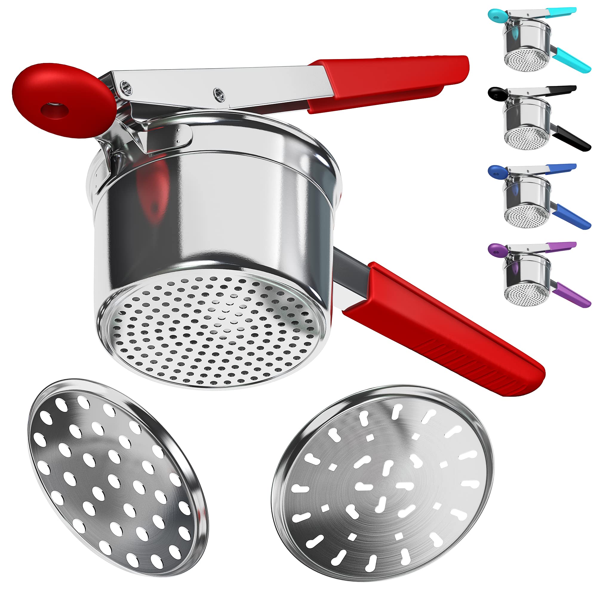 Stainless Steel Potato Ricer with 3 Interchangeable Discs - Professional Kitchen Tool for Perfect Mashed Potatoes, Cauliflower Rice, Gnocchi & Spaetzle - Ideal for Home Cooking & Restaurant Use (Red)