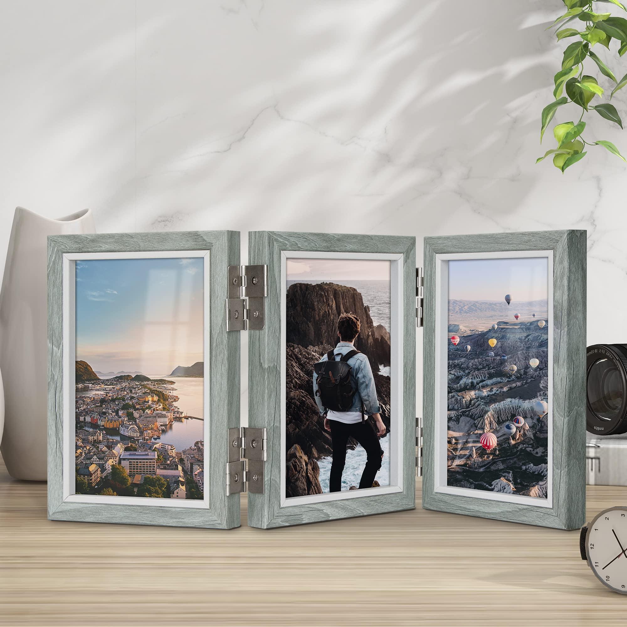 4x6 Picture Frame Collage Set of 3 - Real Glass Grey Wood Foldable Photo Frames for Wall & Tabletop Display - Perfect Gift for Family & Friends - Home Decor, Office, Living Room, Bedroom Display
