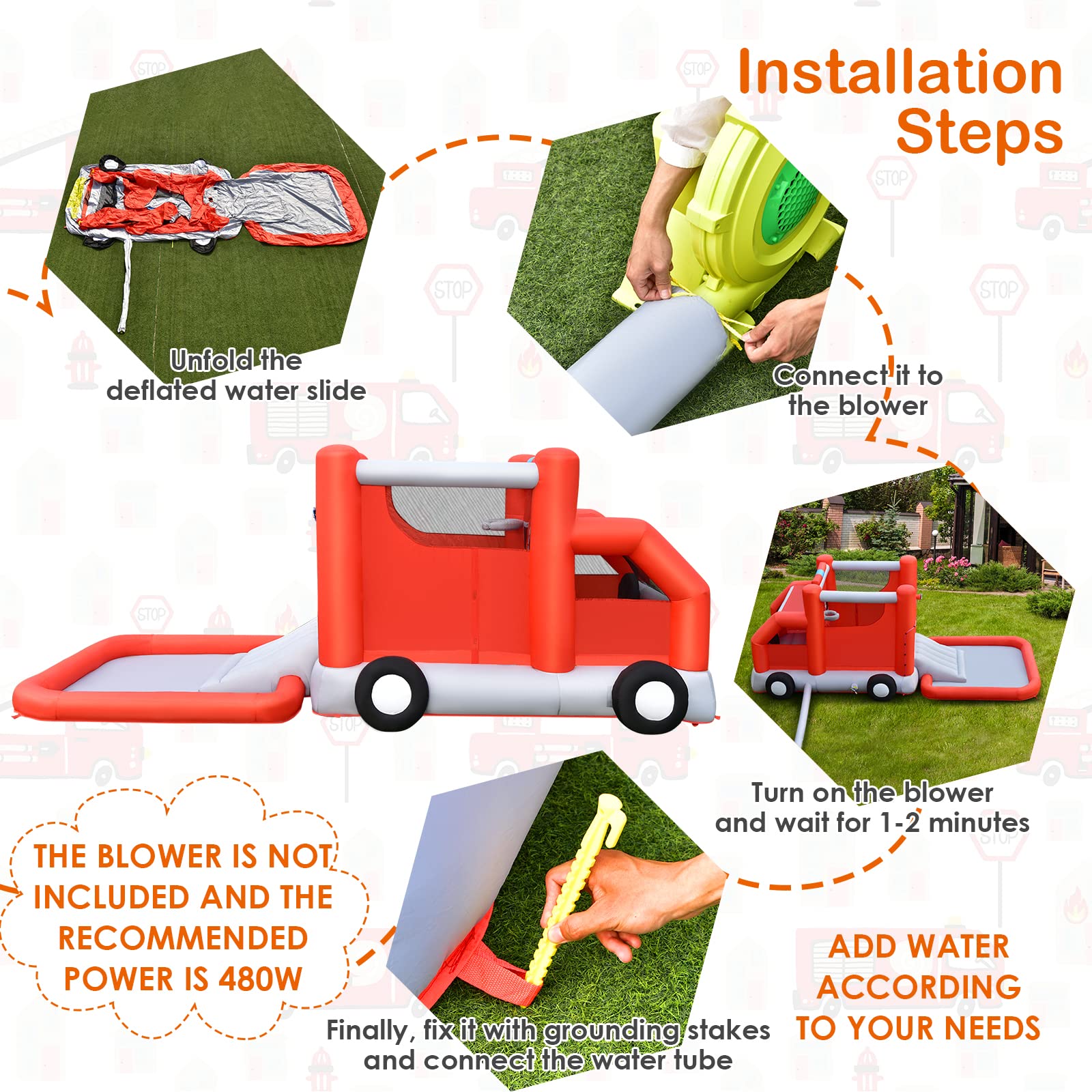 **HONEY JOY Inflatable Water Slide - Fire Truck Toddler Bouncy Water Park with Giant Splash Pool | Outdoor Water Bounce House for Kids & Adults | Backyard Summer Party & Birthday Fun (Includes 480W Blower)**