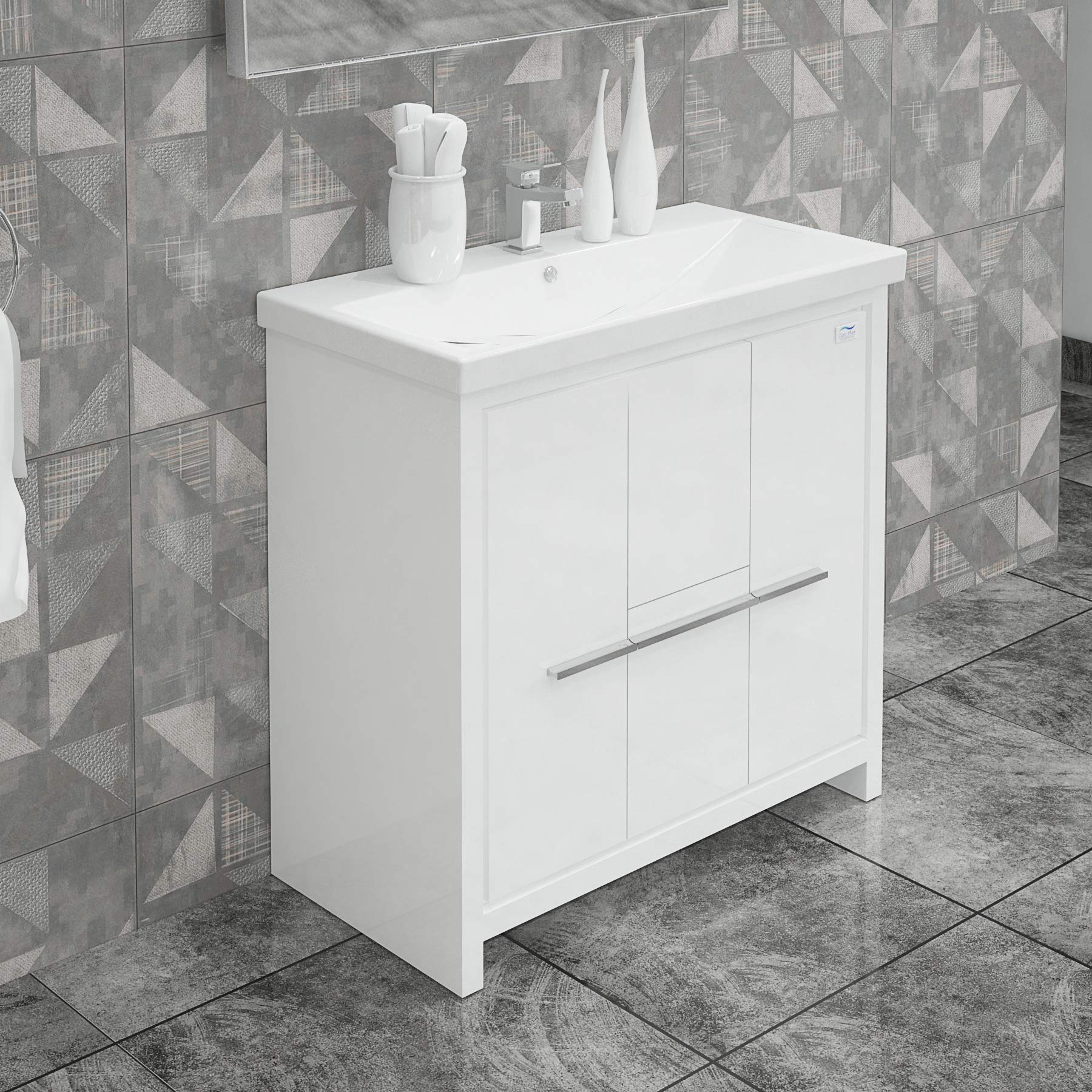 36 Inch Single Sink Bathroom Vanity Set - Modern European Wood Cabinet with Ceramic Sink - Soft Closing Doors & Drawers - Free Standing Glossy White Vanity for Contemporary Bathrooms - Perfect for Small Spaces, Guest Bathrooms & Master Suites
