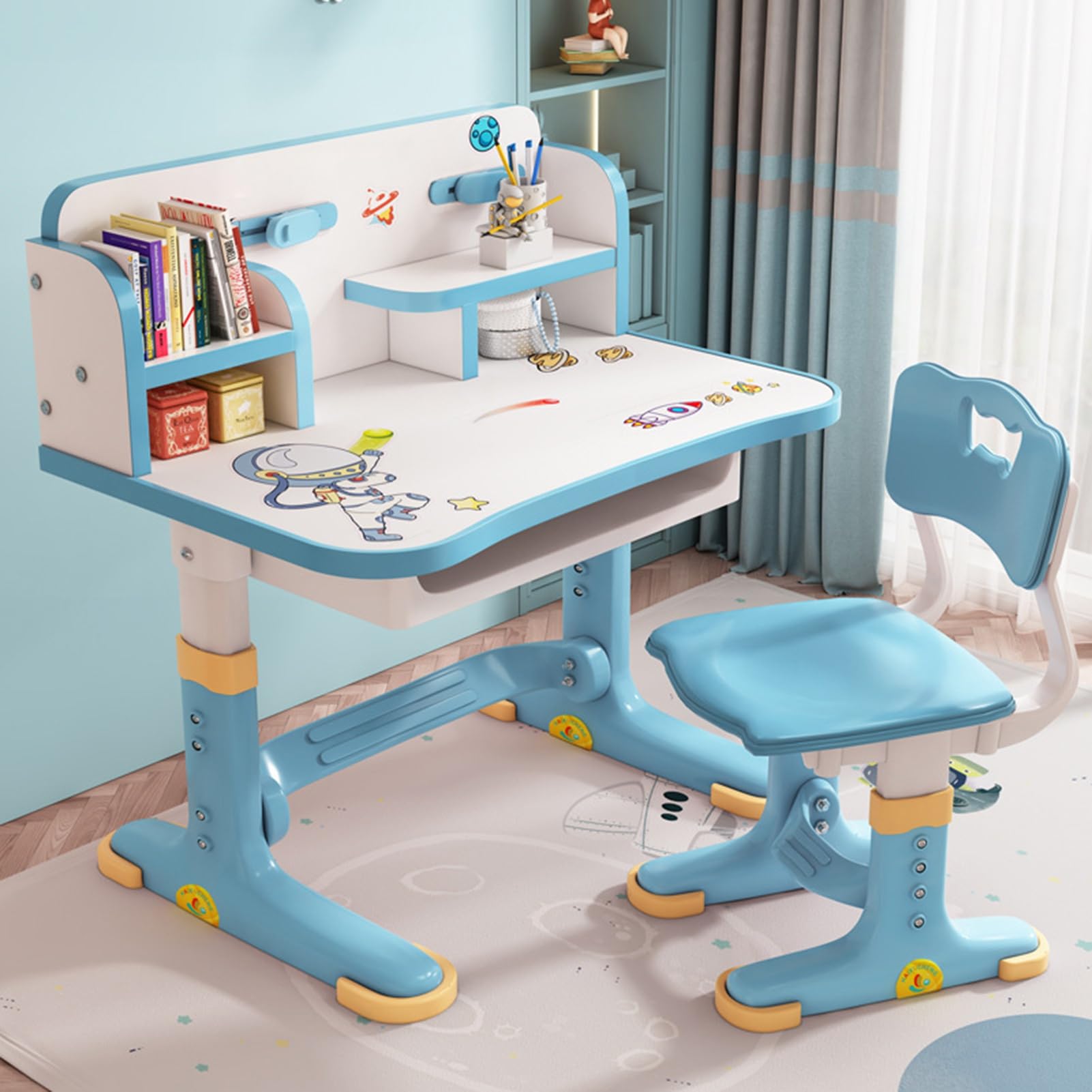 Wicoanox Adjustable Height Kids Study Desk and Chair Set with Widened Desktop & Cartoon Pattern - Ergonomic Student Desk with Storage Drawer - Perfect for Homeschooling, Online Learning & Small Spaces - Fast US Shipping