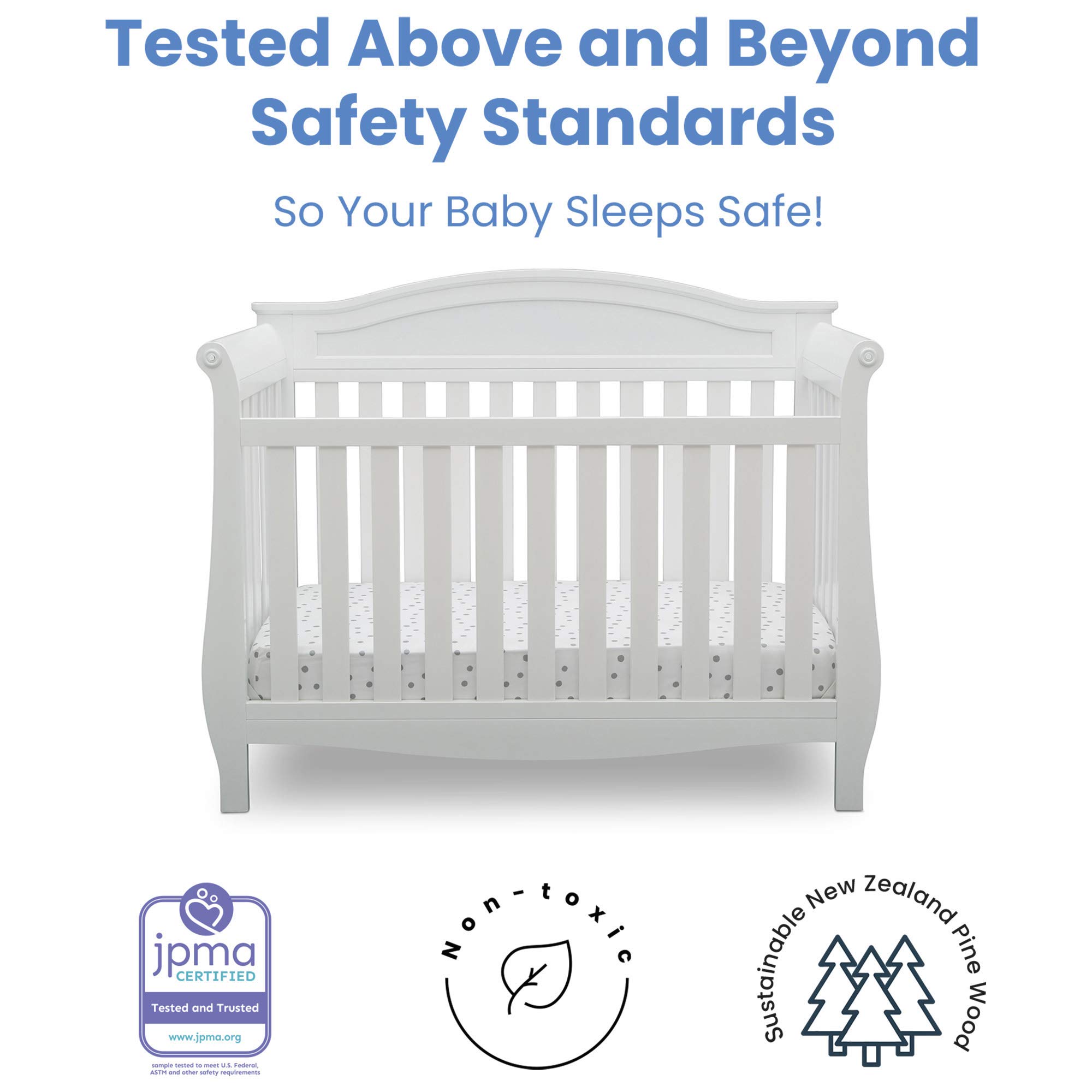 Delta Children Lancaster 4-in-1 Convertible Baby Crib in Bianca White with Serta Perfect Slumber Dual-Sided Crib Mattress - Nursery Furniture Set for Newborns to Toddlers | Safe Sleep Solution for Baby's Bedroom & Daycare Use