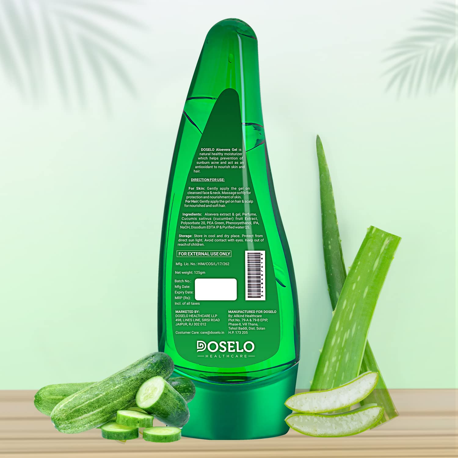 DOSELO Pure Aloe Vera Gel for Face, Skin & Hair Care - 125ml | Natural Moisturizer for Glowing Skin | Men & Women | Perfect for Sunburn Relief, After-Sun Care & Daily Hydration