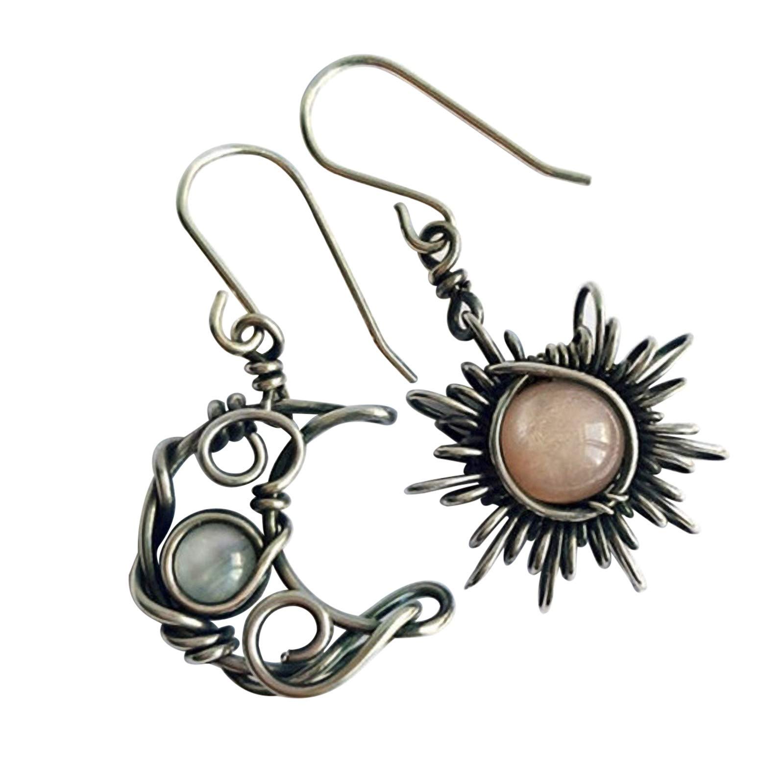 Retro Sun Moon Dangle Earrings - Asymmetric Boho Style Women's Jewelry with Natural Stone Hook | Perfect for Festival, Party & Everyday Boho Fashion