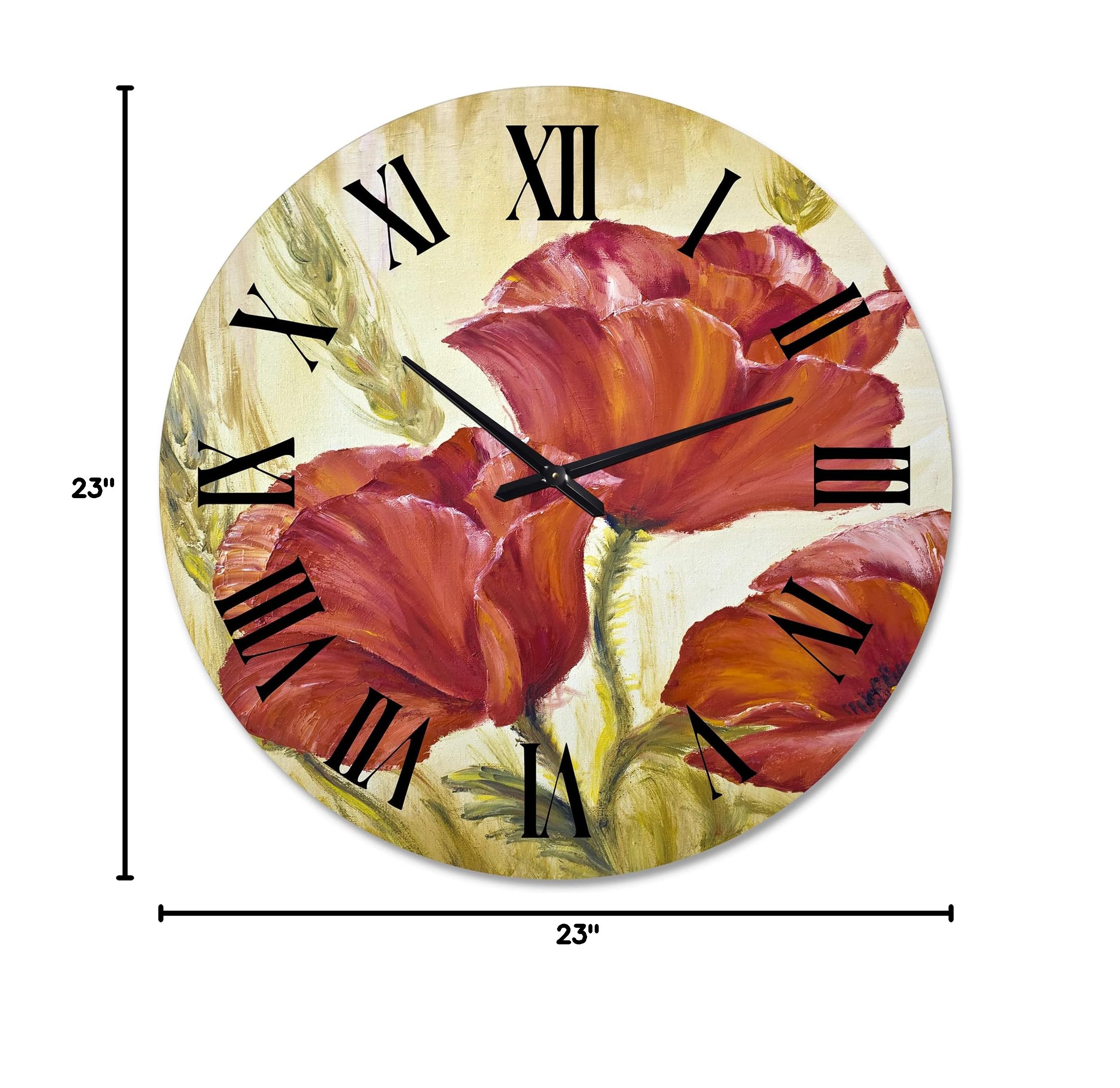 Blossoming Poppies in Wheat Fields II - Large Traditional Floral Wall Clock for Home & Office Decor | Perfect for Living Room, Bedroom, Kitchen