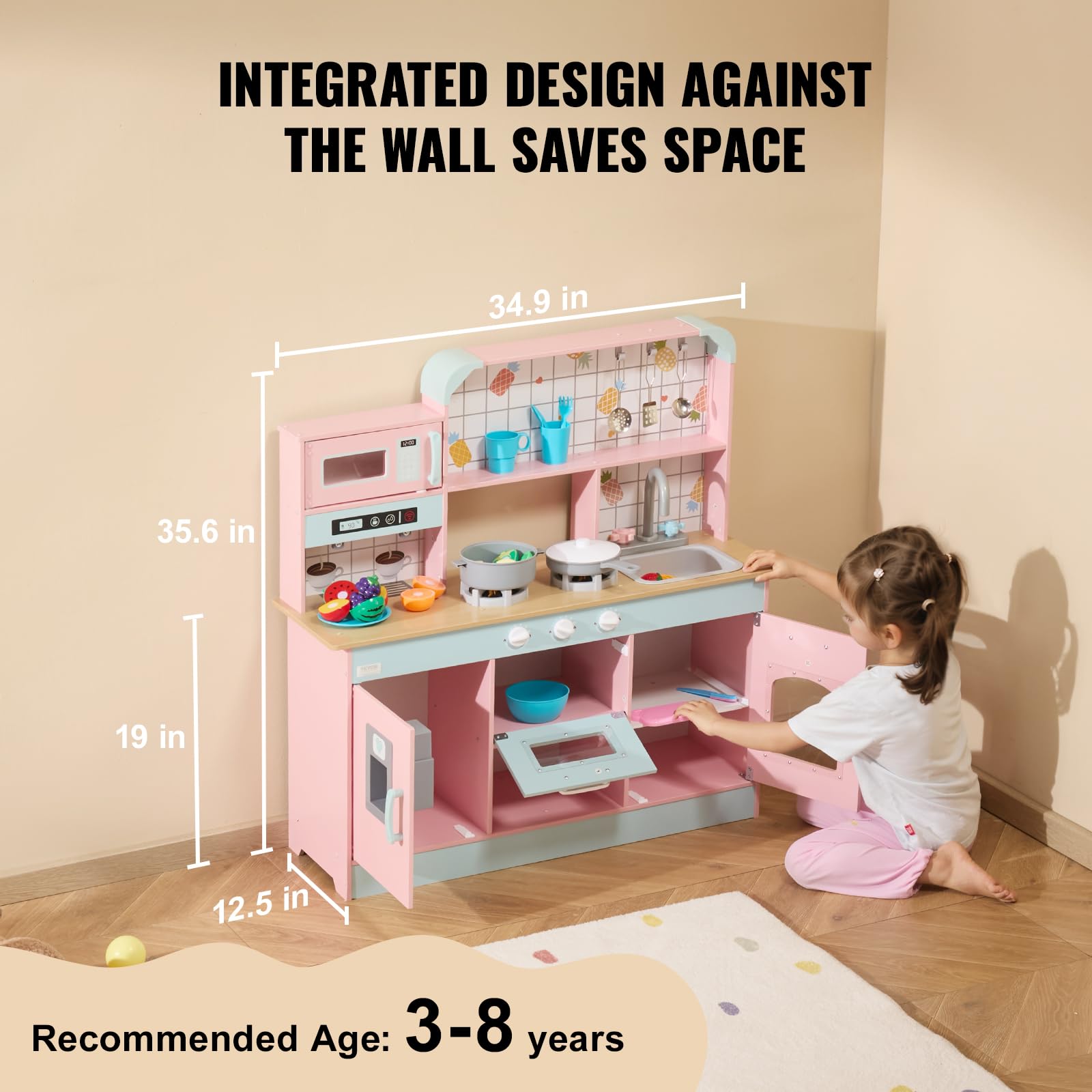 VEVOR Wooden Play Kitchen Toy for Kids Ages 3-8 - Interactive Pretend Play Set with Lights, Sounds, Ice Maker, Oven, Sink, Microwave & Fridge - Includes Utensils & Fruit Accessories - Perfect for Imaginative Play, Role-Playing & Early Learning (Pink)