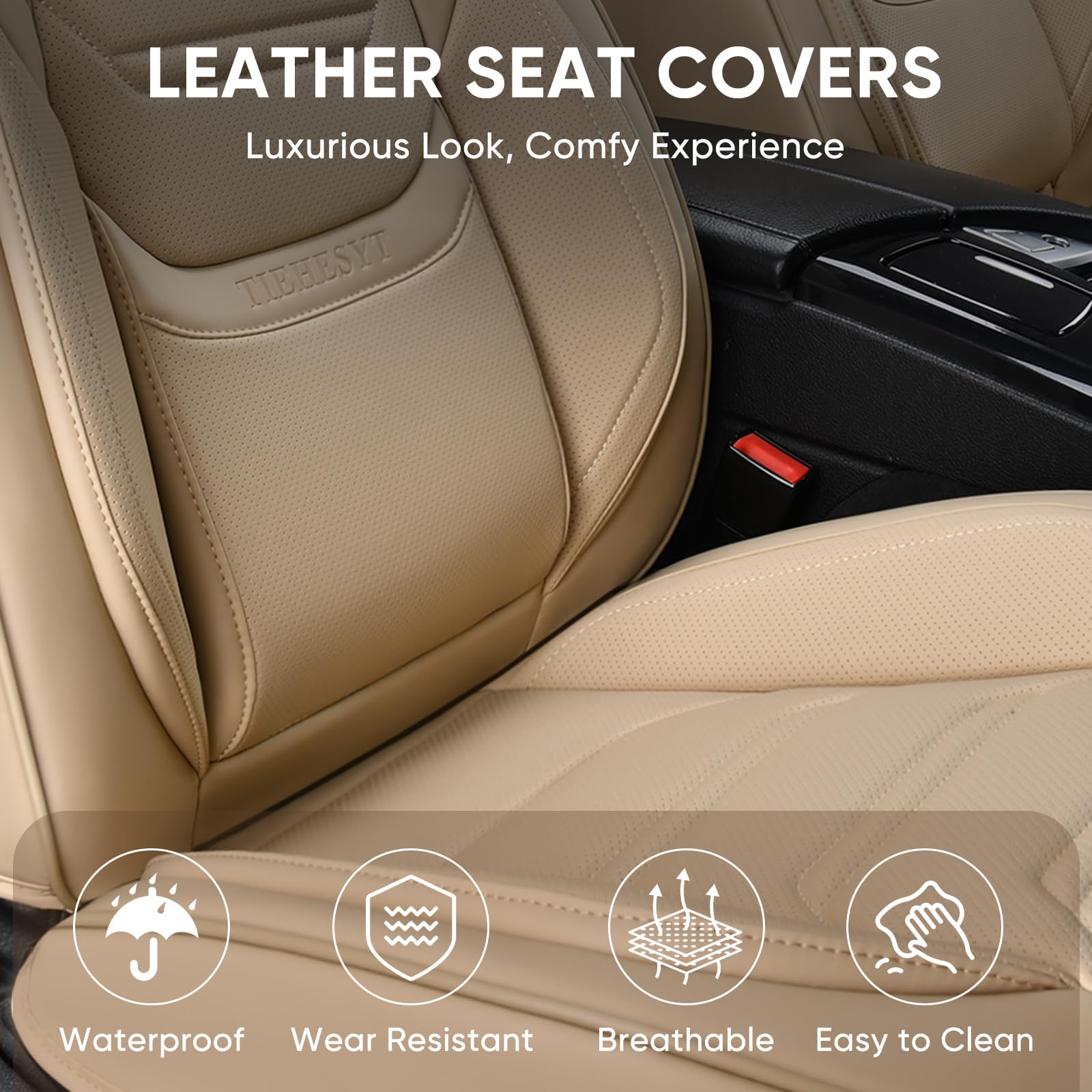Beige Car Seat Covers Front Pair - Breathable Leather Auto Seat Protectors with Headrest | Universal Fit for Sedans, SUVs & Pickup Trucks | Perfect for Daily Commute, Road Trips & Family Travel