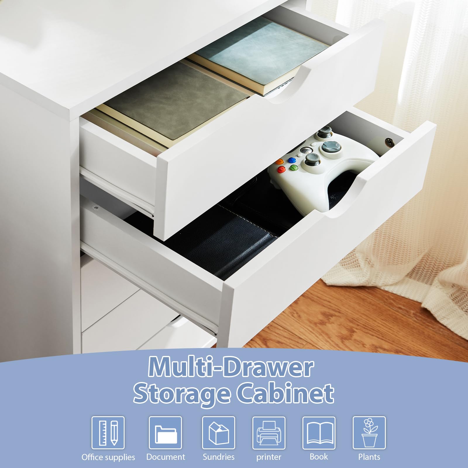 7-Drawer Wooden File Cabinet with Lockable Wheels - Mobile Printer Stand & Under Desk Storage Dresser for Home Office, Study, or Dorm Room Organization - White Office Furniture