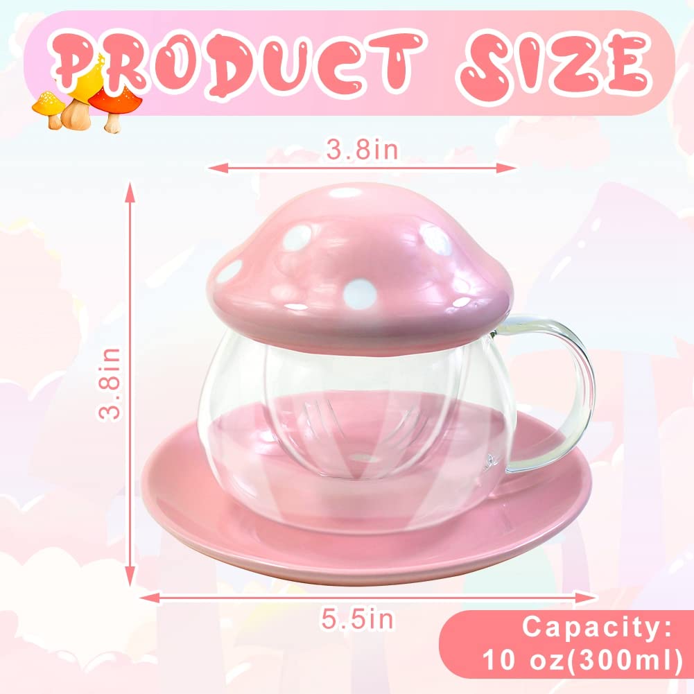 BINBE Cute Mushroom Glass Tea Cup with Lid - Heat Resistant Coffee Mug with Infuser & Tray - Kawaii Gifts for Women, Tea Lovers - Perfect for Home, Office, Gifts (Pink)