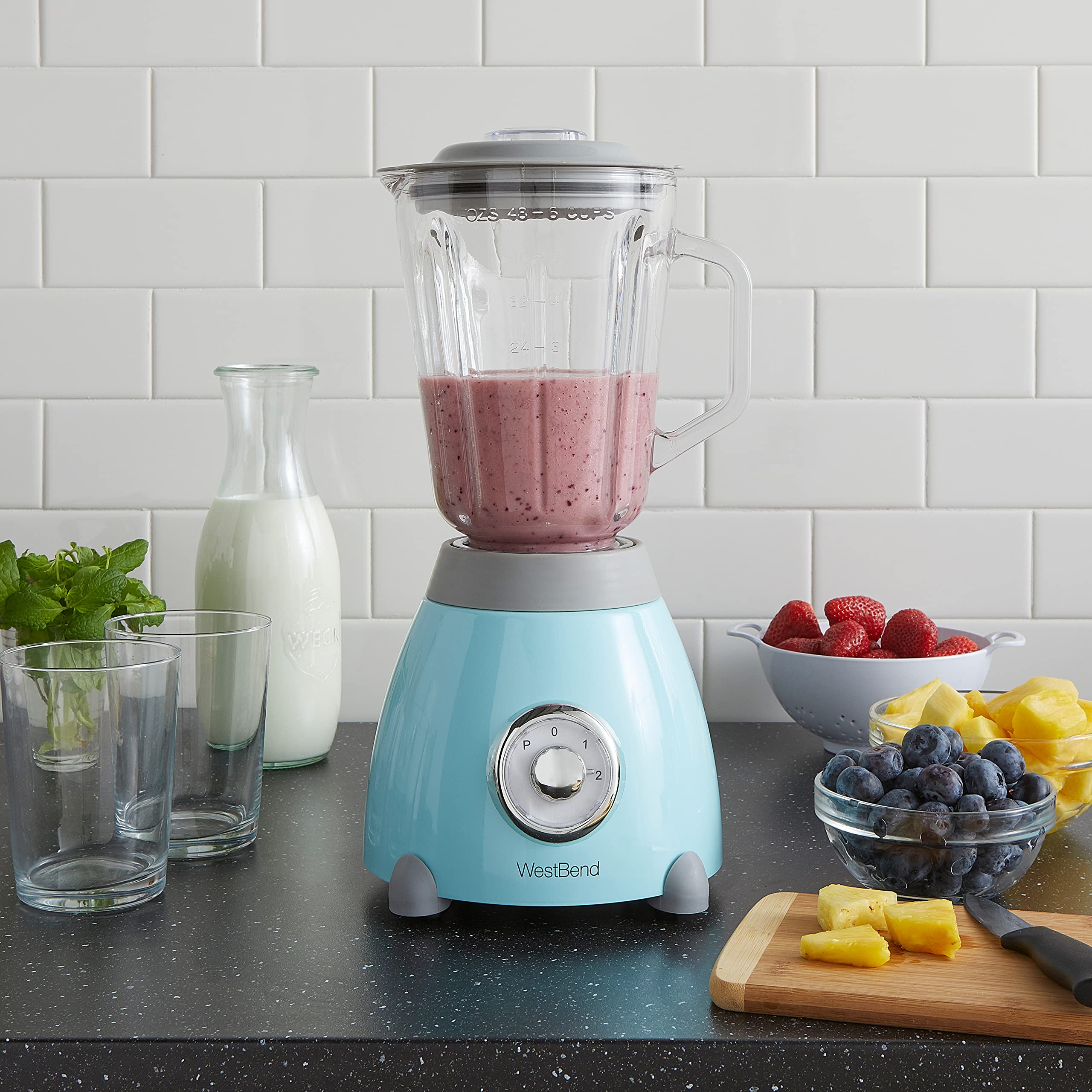 West Bend Retro-Style 500-Watt Blender with 48oz Glass Jar & Stainless Steel Blade - 3 Speed Settings for Smoothies, Shakes & Food Prep - Vintage Blue Countertop Blender for Kitchen, Bar & Healthy Lifestyle