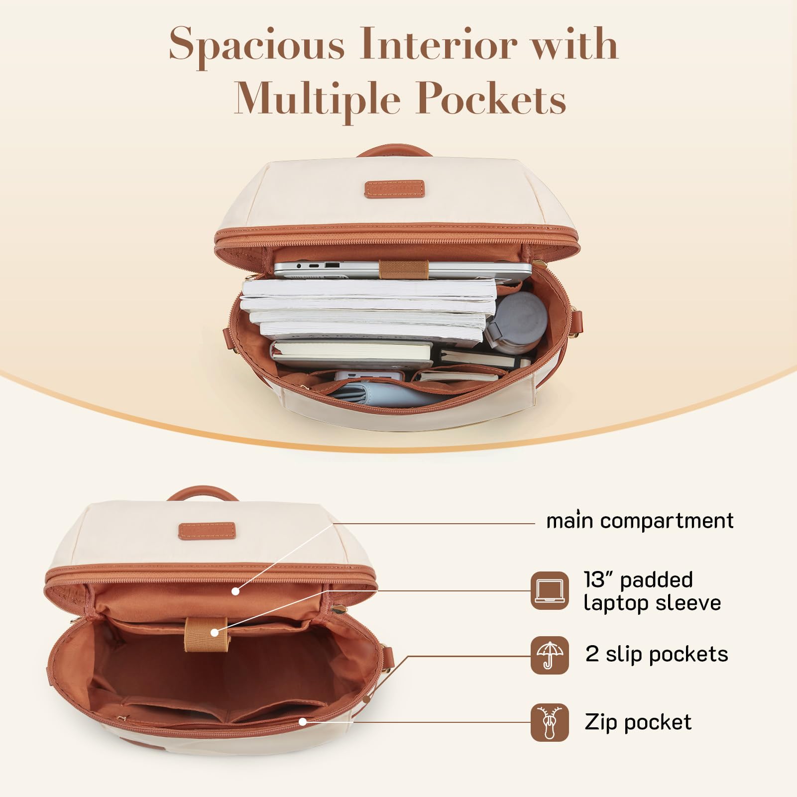 Missnine Women's Convertible Backpack Purse - Secure Zipper Travel Backpack & Stylish Satchel Bag | Lightweight Rucksack for Work, College, Gym & Hiking (Brown+Beige) | Perfect for Commuting, Campus Life & Outdoor Adventures