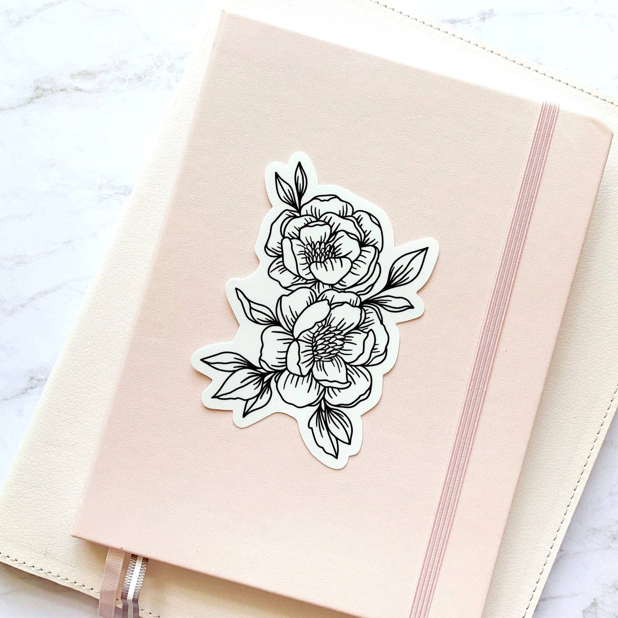 Beautiful Line Drawn Peonies Stickers - 4x3 Inch Waterproof Vinyl Decals for Laptops, Water Bottles, Journals & DIY Crafts - Floral Botanical Art for Scrapbooking & Home Decor