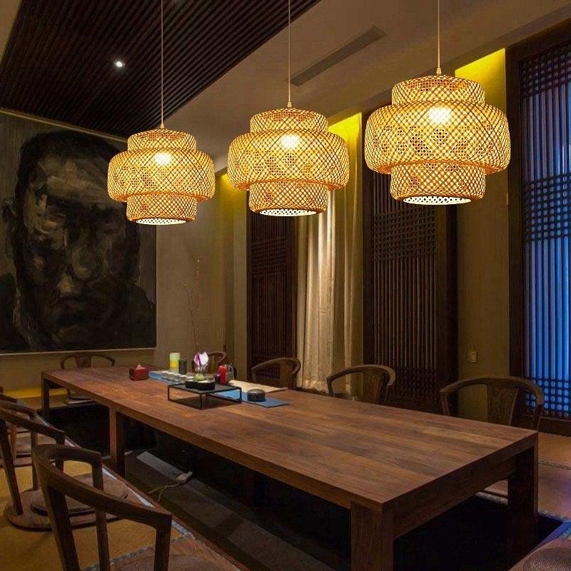 Modern Bamboo Pendant Light Fixture - Handwoven Natural Rattan Hanging Lamp for Kitchen Island, Dining Room & Bedroom Decor - Eco-Friendly Lighting Solution