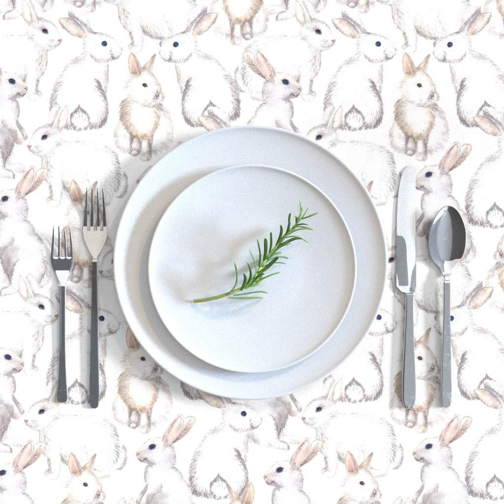 Custom White Rabbits Watercolor Cotton Sateen Tablecloth 70x90 Inches - Bunny Painting Animal Print for Easter, Spring & Woodland Holiday Decor - Premium Washable Table Linens for Dining Room, Kitchen & Party Decorations
