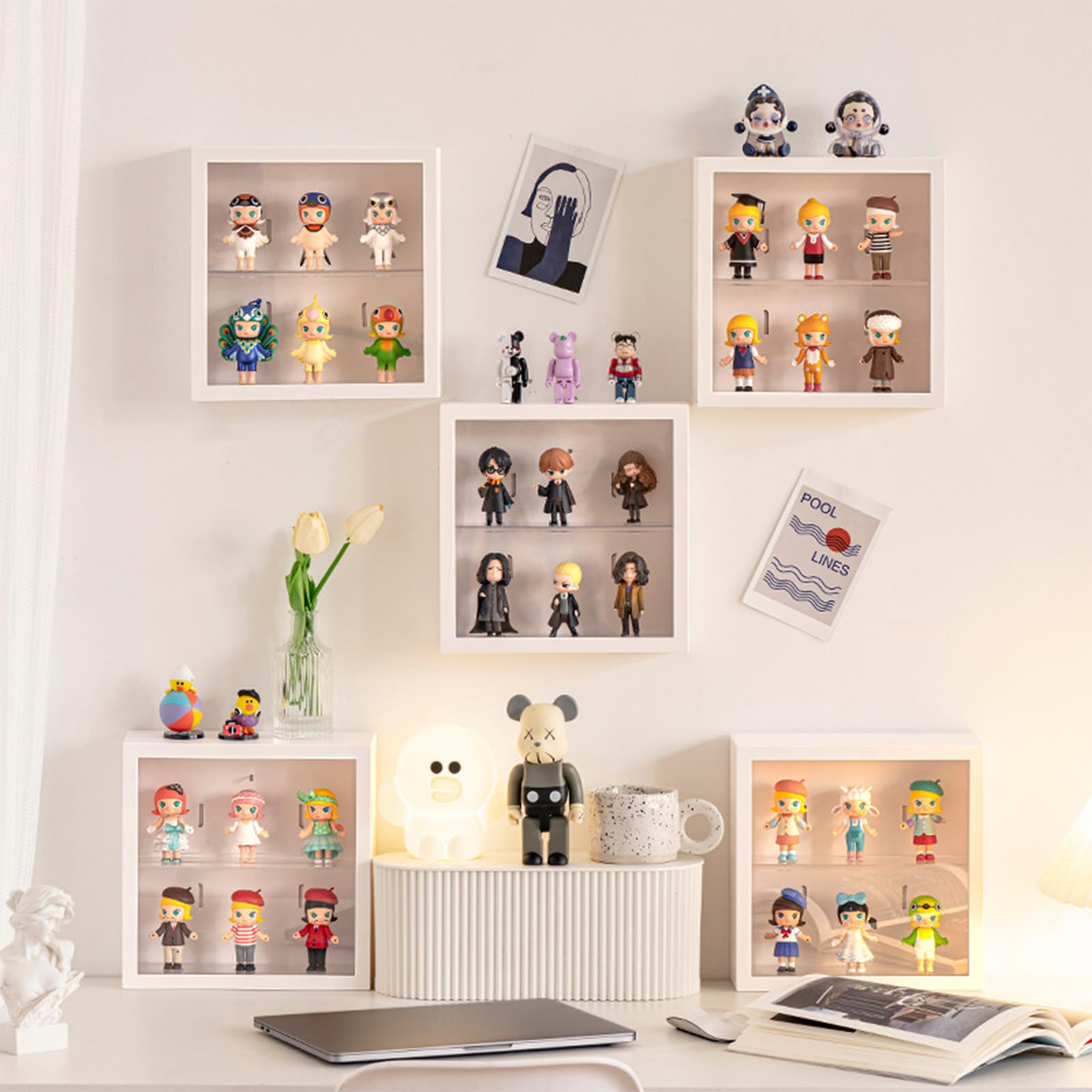 Clear Acrylic Display Case for Collectible Figures - Wall Mounted Square Doll Storage Box with Adjustable Stand & Door - Dustproof & Moisture Proof Protection for Lego Sets, Action Figures, Pop Mart Toys (White) - Perfect for Home Decoration, Toy Collection Display & Gift Packaging