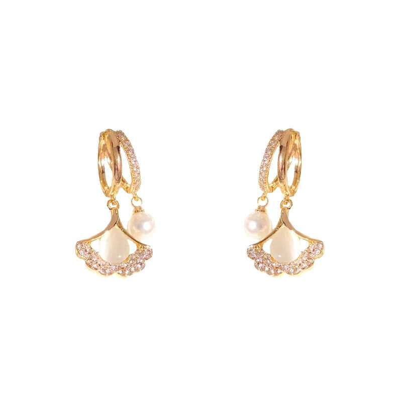 14K Gold Plated Ginkgo Leaf Huggie Earrings with Dangle Pearl Drop | Elegant Pearl Earrings for Women | Perfect for Weddings, Parties & Everyday Wear | A8078
