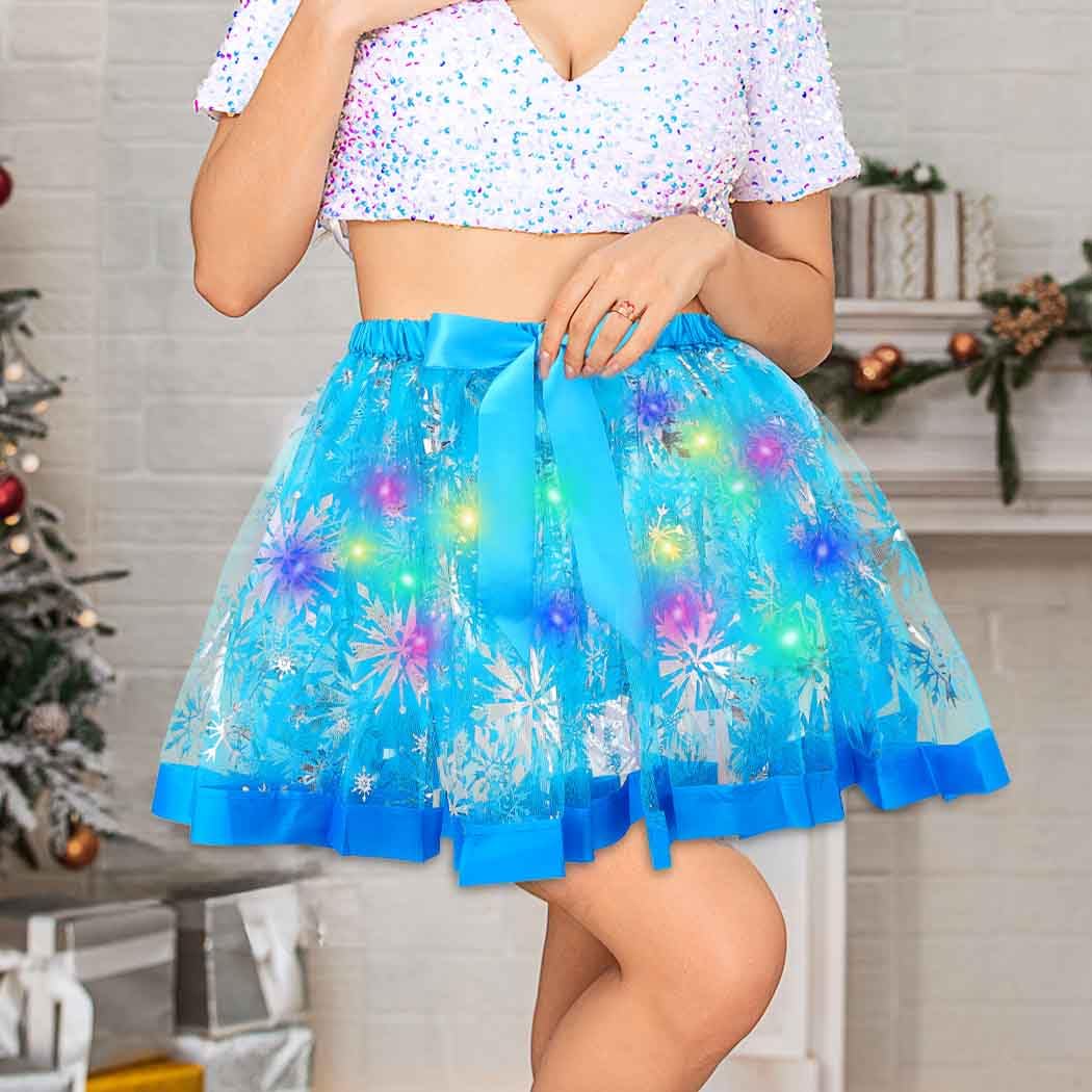 Glowing LED Snowflake Tutu Skirt - Light Up Christmas Costume for Women & Girls | Light Blue LED Party Dress for Xmas, New Year, Holiday Dances & Festive Celebrations