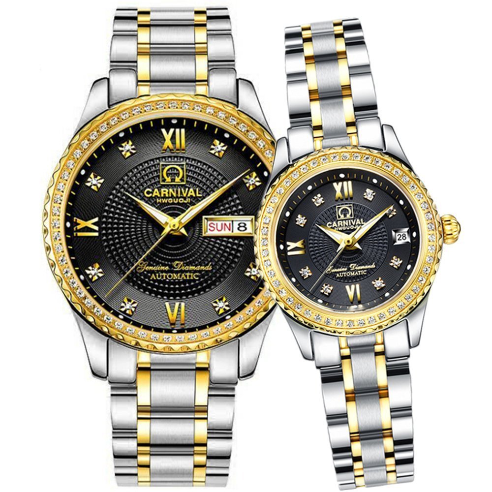 Men's & Women's Automatic Dress Watches Set - Gold & Silver Stainless Steel Couple Watches for Date Night