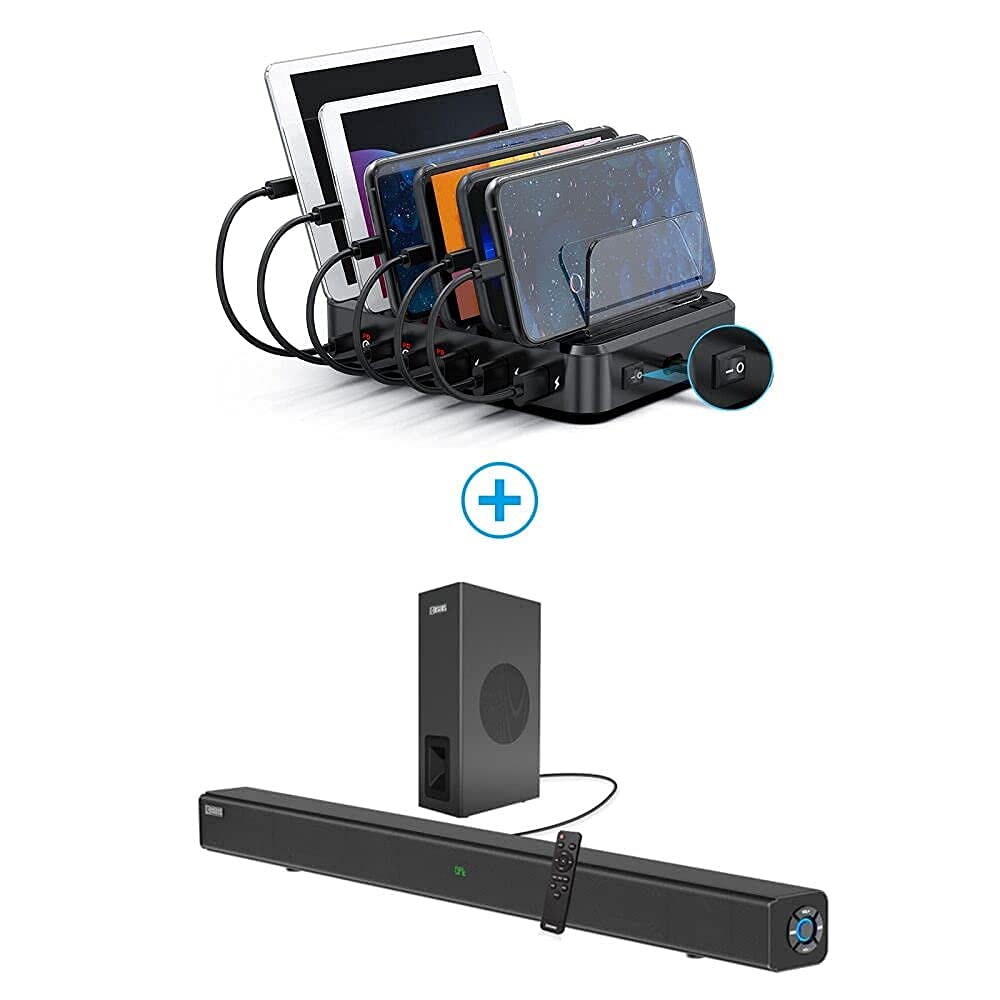Premium USB-C Charging Station with Built-in Soundbar & Subwoofer - Fast Charging Hub for iPhone, Android, MacBook | Home Office & Gaming Audio Solution