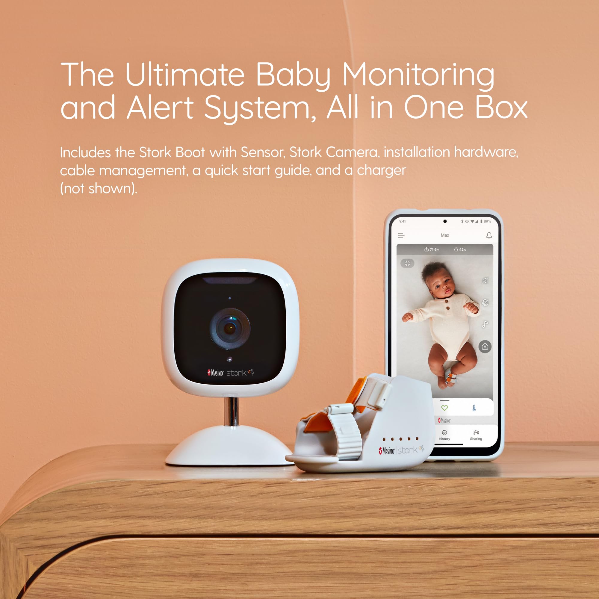Masimo Stork Vitals+ - FDA Cleared Smart Baby Monitor with Pulse Oximeter, Oxygen Saturation & Temperature Tracking (Includes Boot Sensor, Camera & App) - Ideal for Newborns & Infants Sleep Monitoring